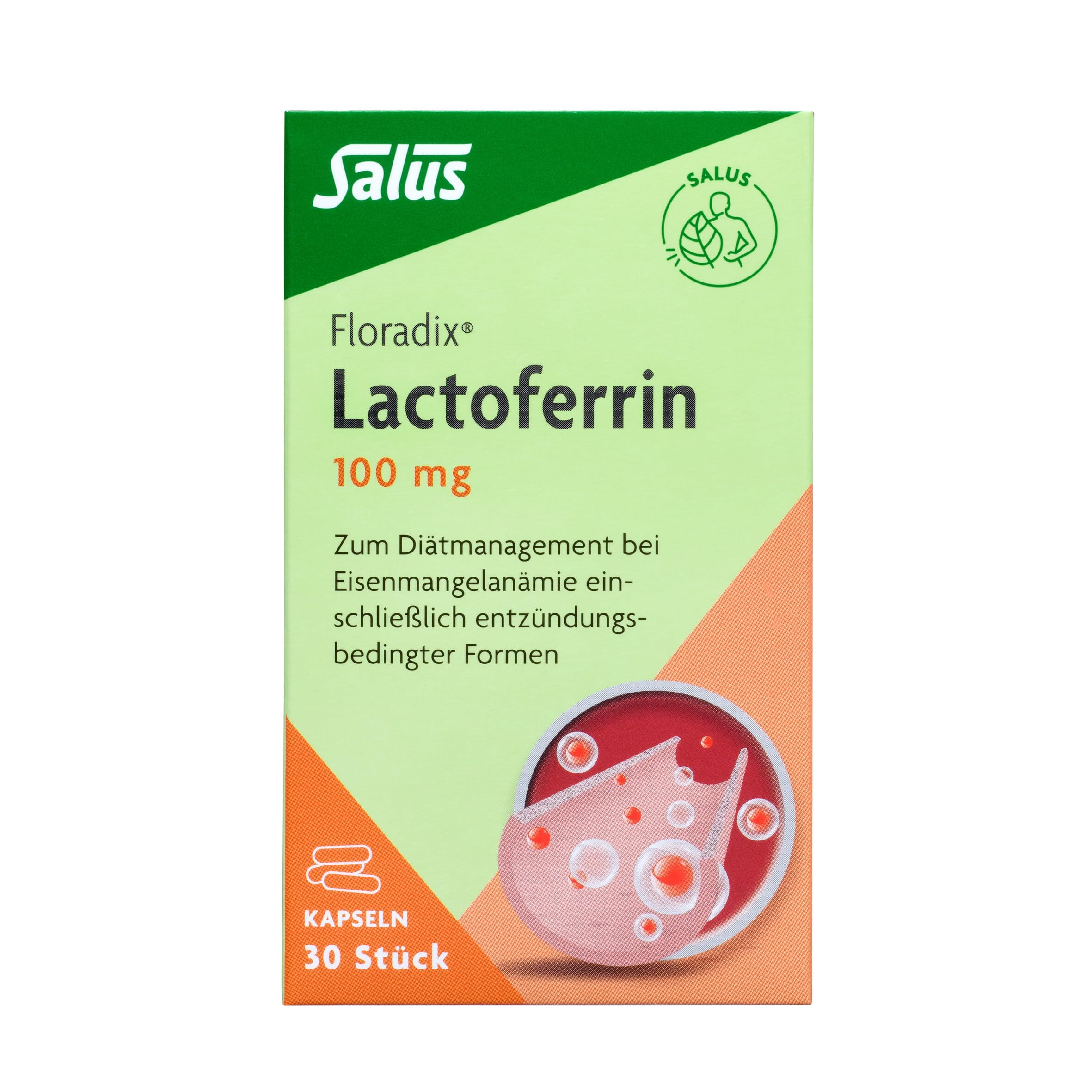 Salus Floradix Lactoferrin 100 mg - 1x 30 Kapseln (9,7 g) - zum Diätmanagement bei diagnostizierter Eisenmangelanämie einschließlich entzündungsbedingter Formen - vegetarisch