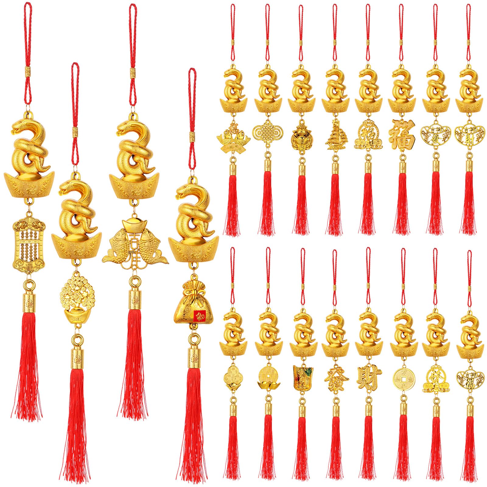 Yuxung 24 Pcs 2025 Chinese New Year Decorations Snake Pendant Lunar Hanging Chinese New Year Feng Shui Fengshui Decor Good Luck Charms for Home Wealth Success Fortune Health