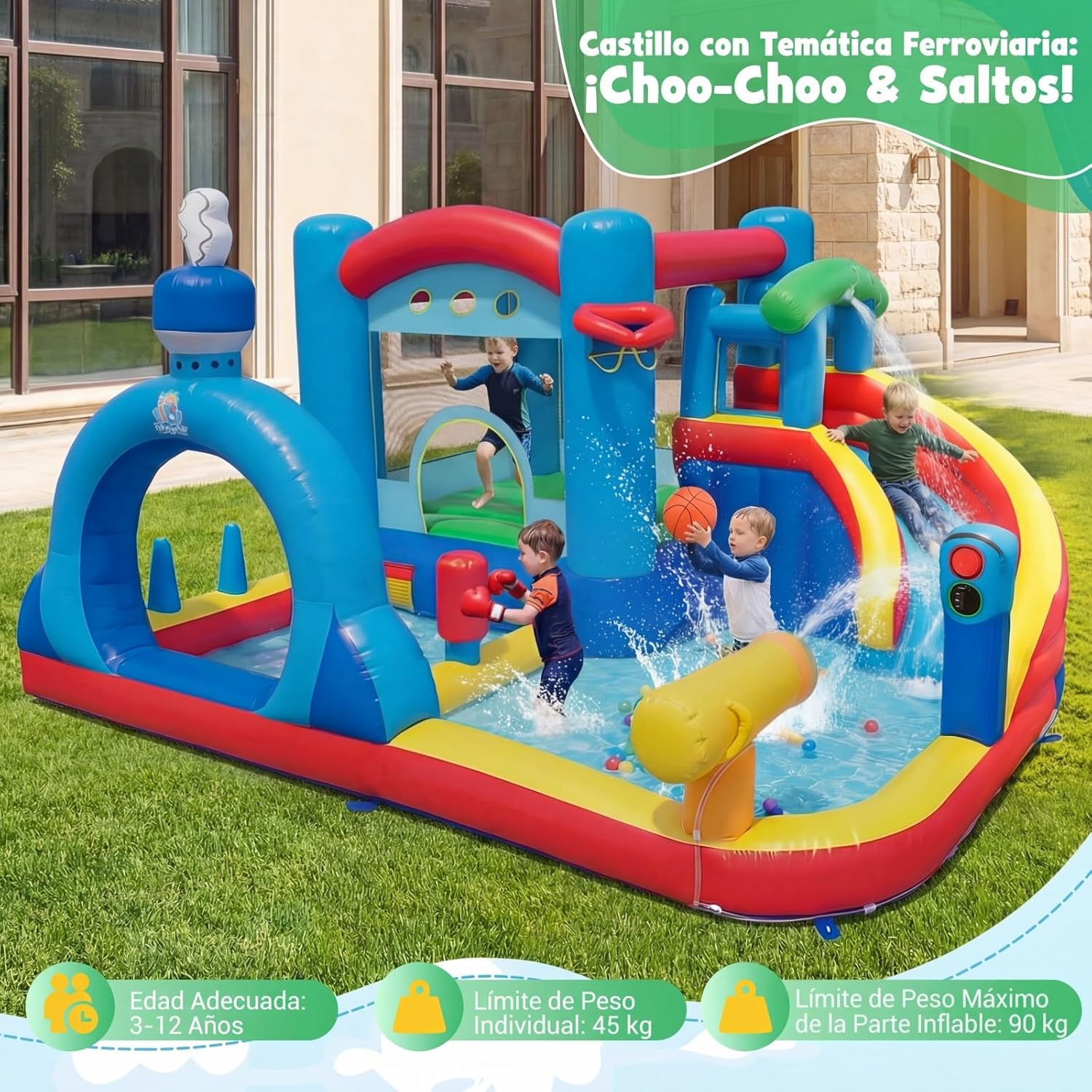 COSTWAY Inflatable Castle with Inflatable Water Slide, Splash Pool, Water Cannon, Boxing Bag, Ring Throwing, Precision Game, Ocean Balls and Basketball (No Blower)