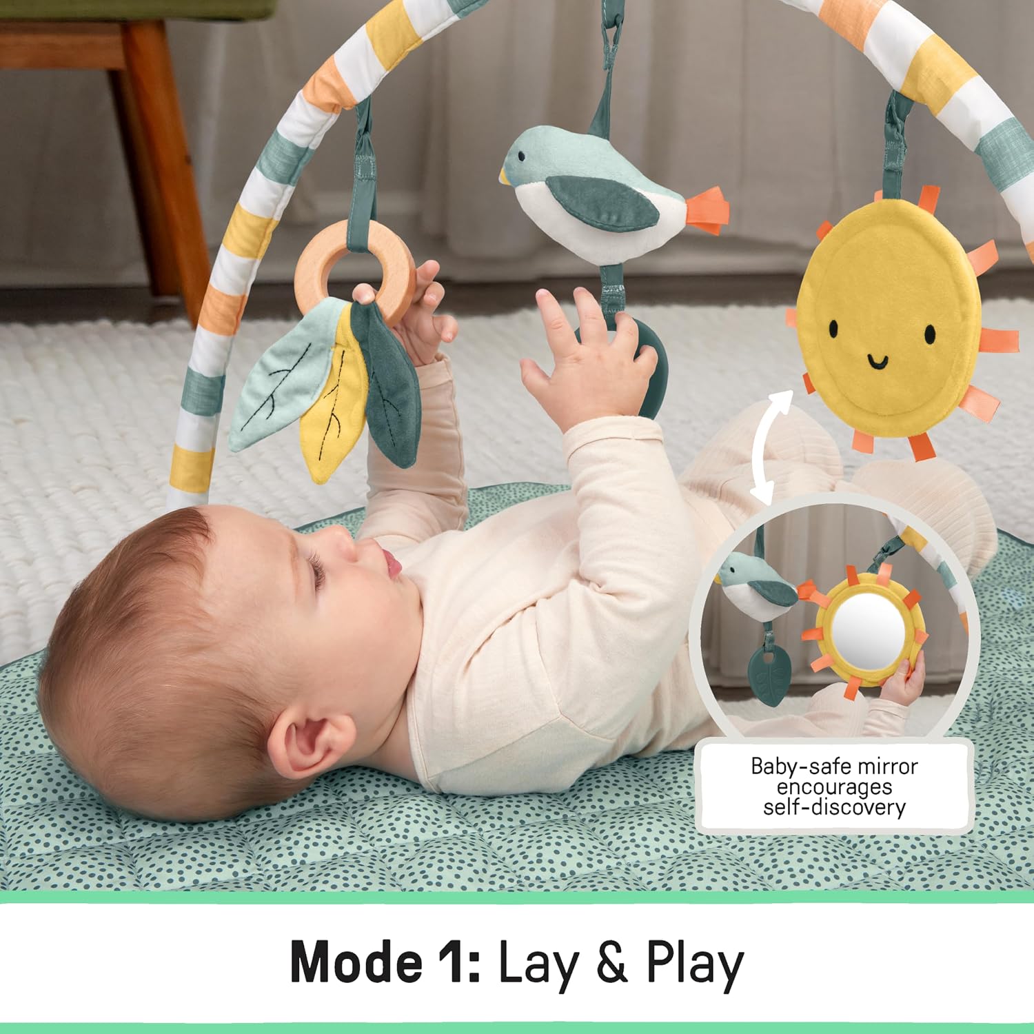 Ingenuity One Bar Baby Play Gym, Sunny Nest, Foldable 3-in-1 Activity Gym & Play Mat with Toy Bar, Sensory Toys, Tummy Time Play, Newborn+ image 2