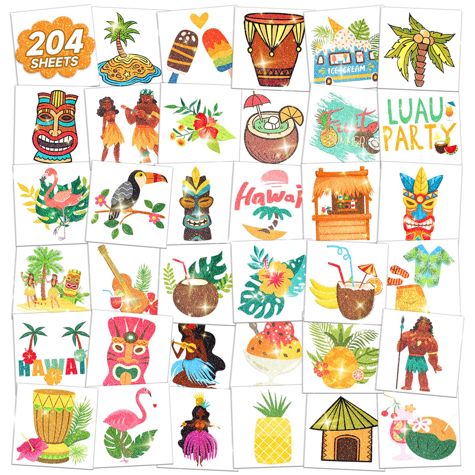 EMOME 204 Sheets Kids Tattoos Luau Beach Party Decorations, Individually Wrapped Glitter Tattoos for Pool Party Favors Supplies, Hawaiian Beach Themed