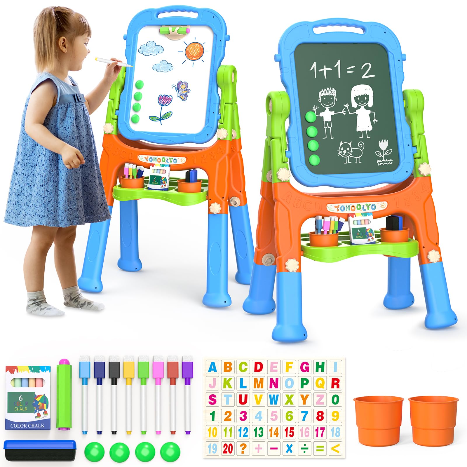 Caballete de arte de pie para niños, caballete de doble cara para niños, caballete rosa y morado, pizarra magnética, pizarra blanca, borrador en seco, gran regalo para niñas y niños
