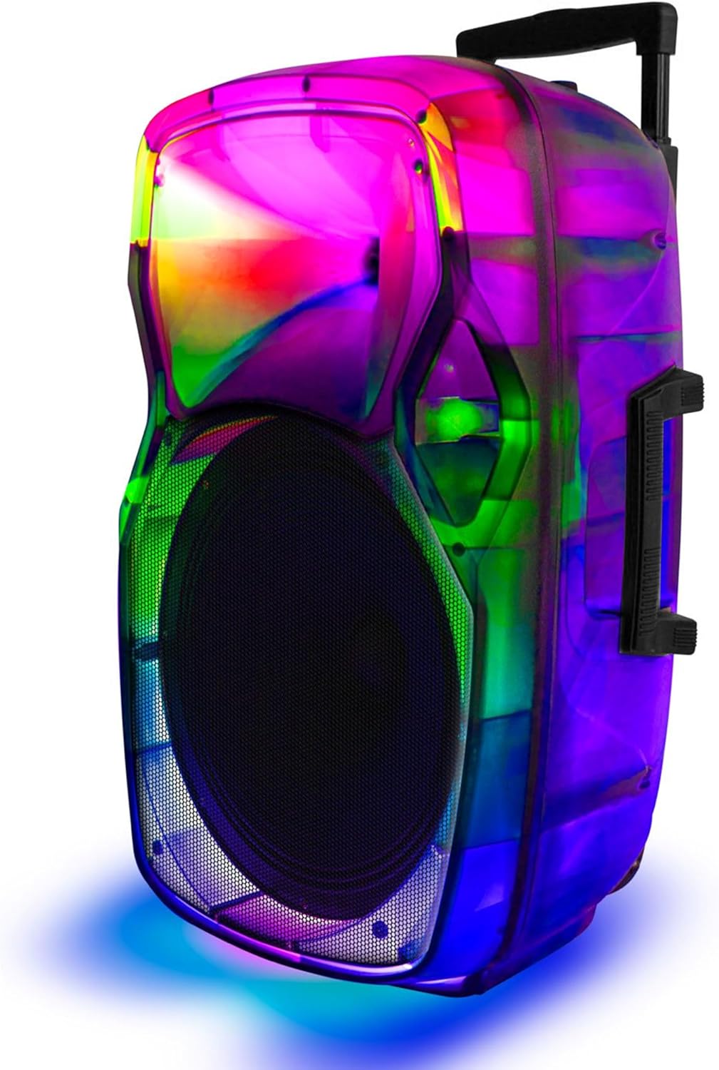 Side view of the STAR-115 portable Bluetooth speaker with its retractable handle extended.