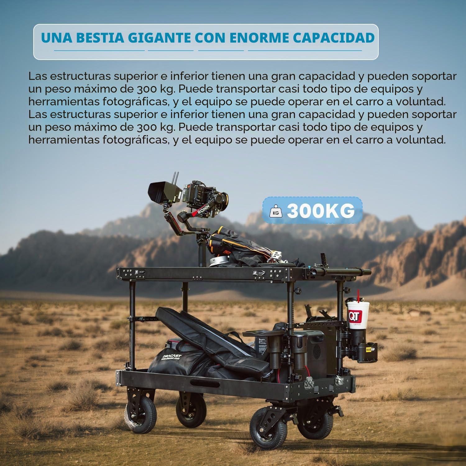 DF DIGITALFOTO Titan Plus Carro de Producción Video 300kg - Estación de Trabajo CNC con Abrazaderas y Ganchos, Plegable 18cm, Ruedas Neumáticas 8", Montaje sin Herramientas para DIT y Cine