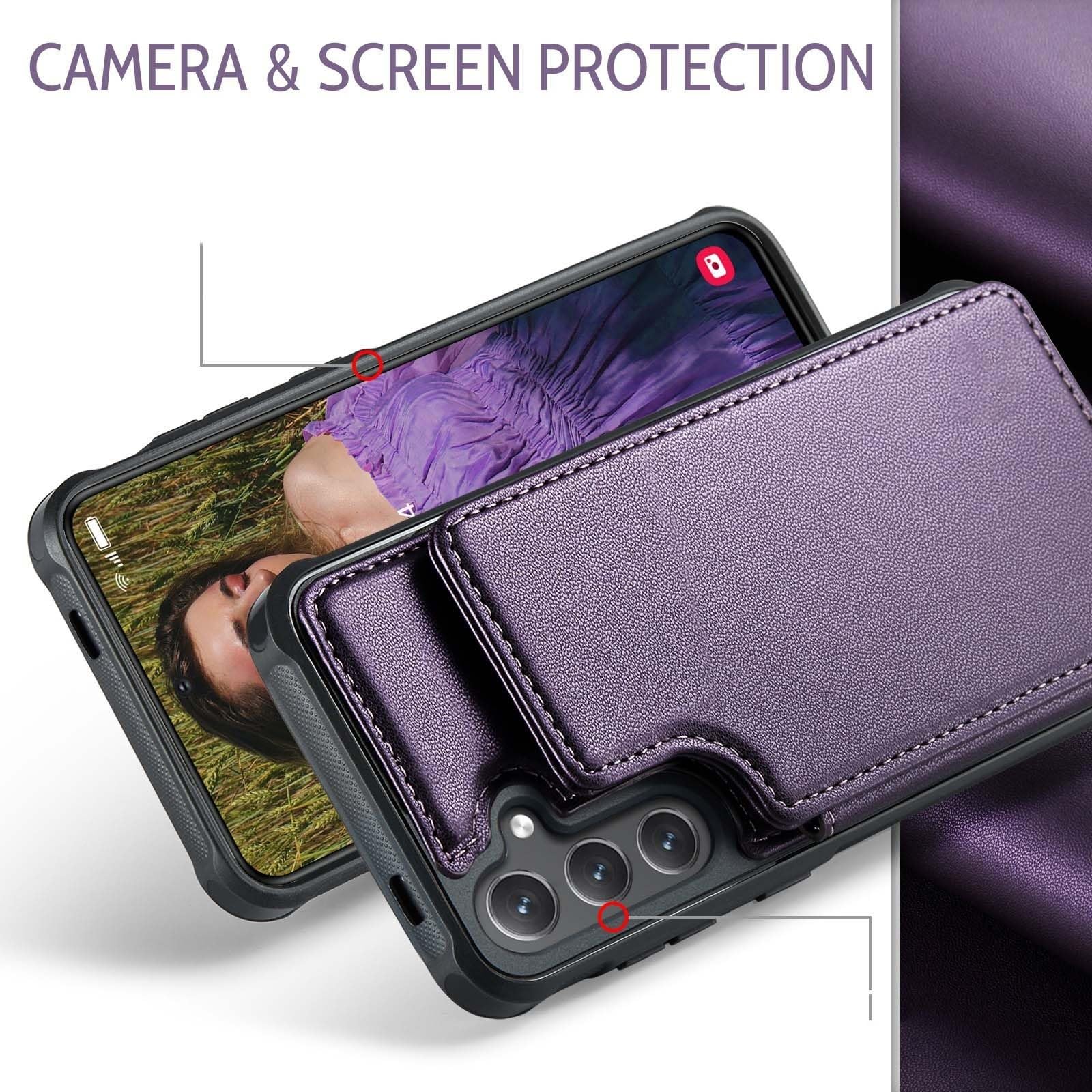 Generico Etui do Samsung Galaxy S25 Ultra/S25 Plus/S25, etui z PU blokujące RFID uchwyt wolny ręce antypoślizgowa powłoka wiele gniazd na karty (fioletowy, S25 Plus)
