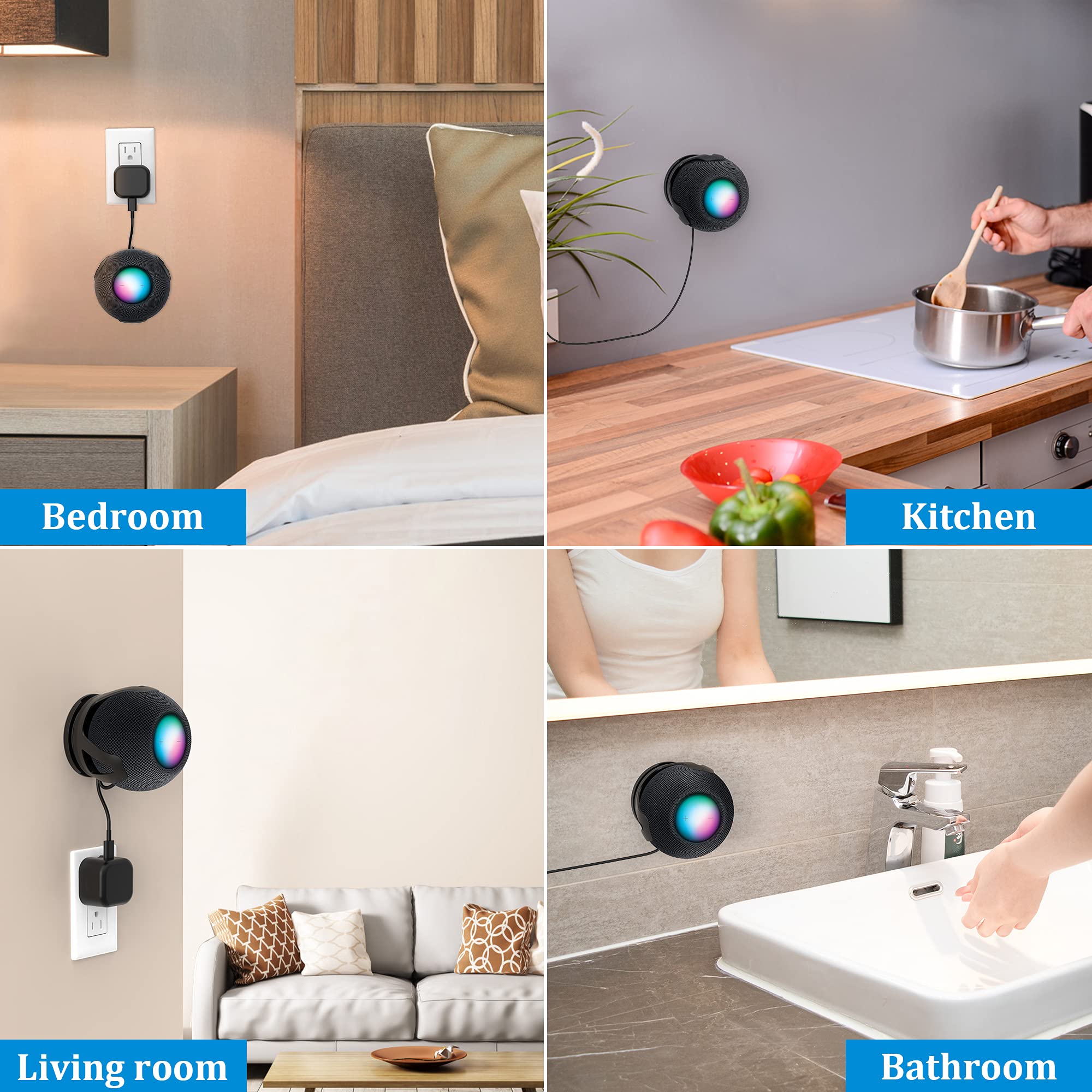 PlusAcc Lot de 2 support muraux pour Homepod Mini – Support avec 2 méthodes d'installation, gestion des cordons intégré, adapté pour chambre à coucher, cuisine, salon, noir