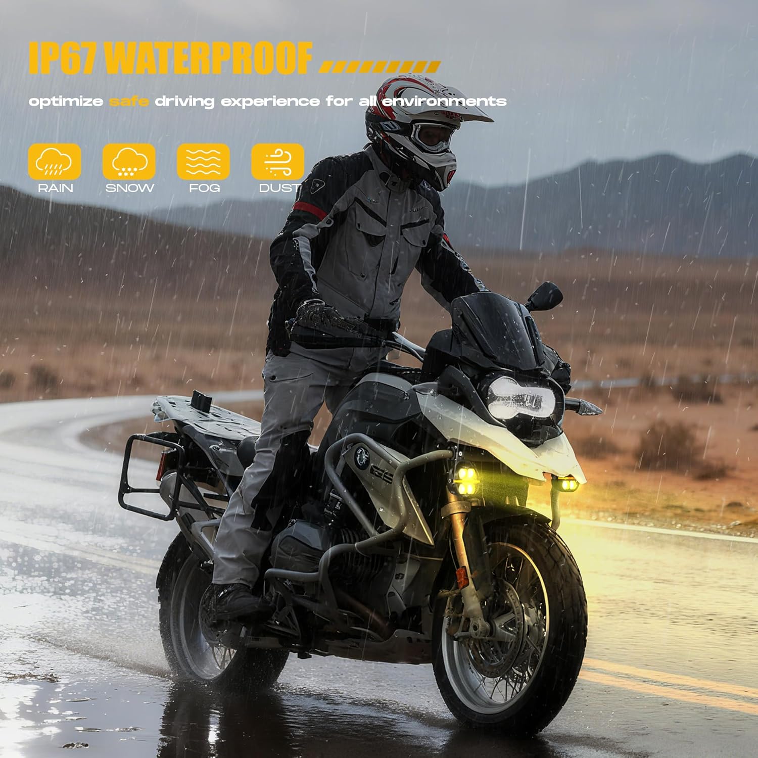 Future Eyes Motorcycle Driving Lights – 180W LED Fog Lights with Amber & White Beams, Waterproof Auxiliary Spotlights with DRL, Strobe, Signal, for Night Riding Off-Road UTV ATV