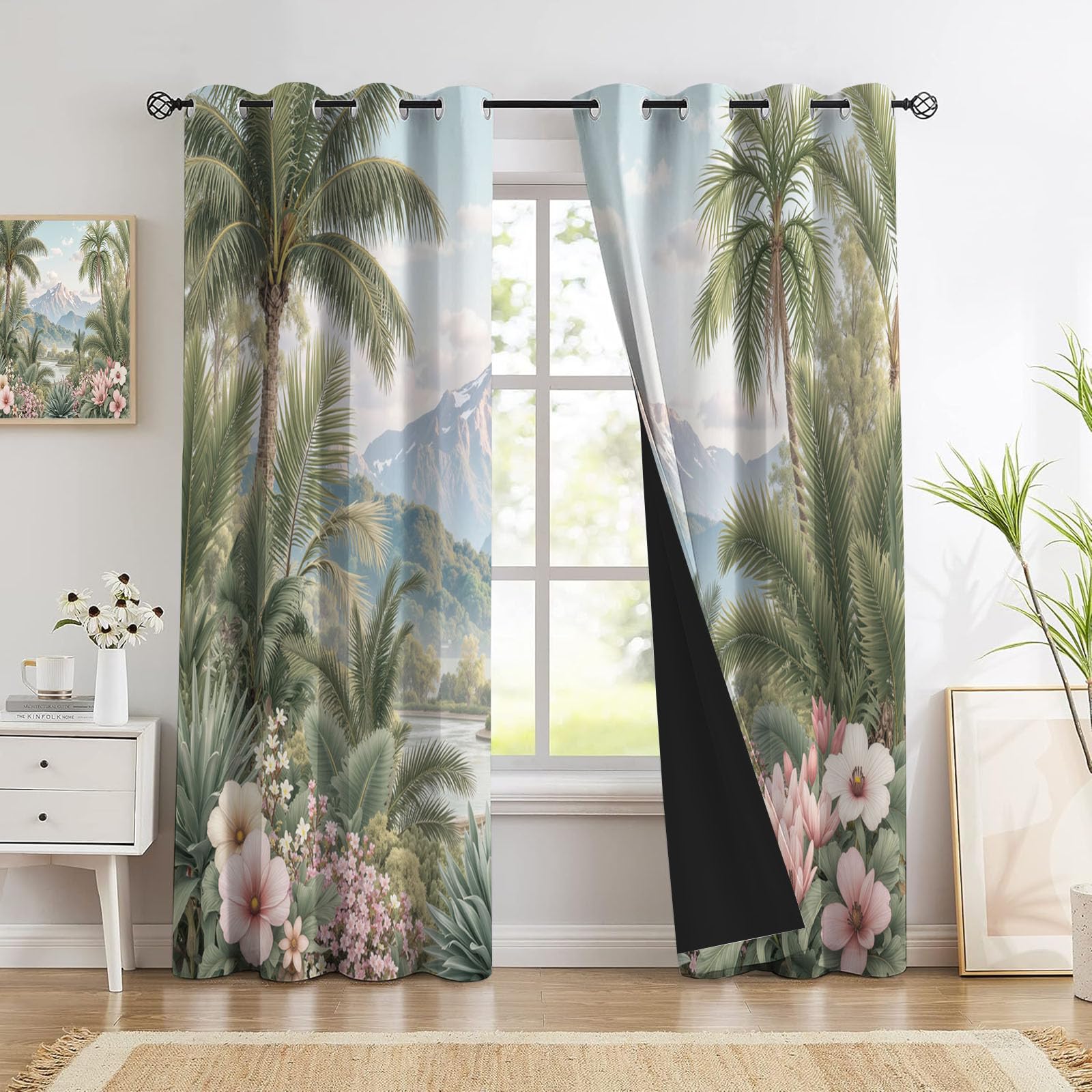 Dschungelpflanzen Verdunkelungsvorhänge Mit Ösen, Aquarell-Palme Vorhänge Blickdicht - H140 x B90 cm (2er Pack) Schlafzimmer Vorhänge Für Wohnzimmer, Salbeigrün