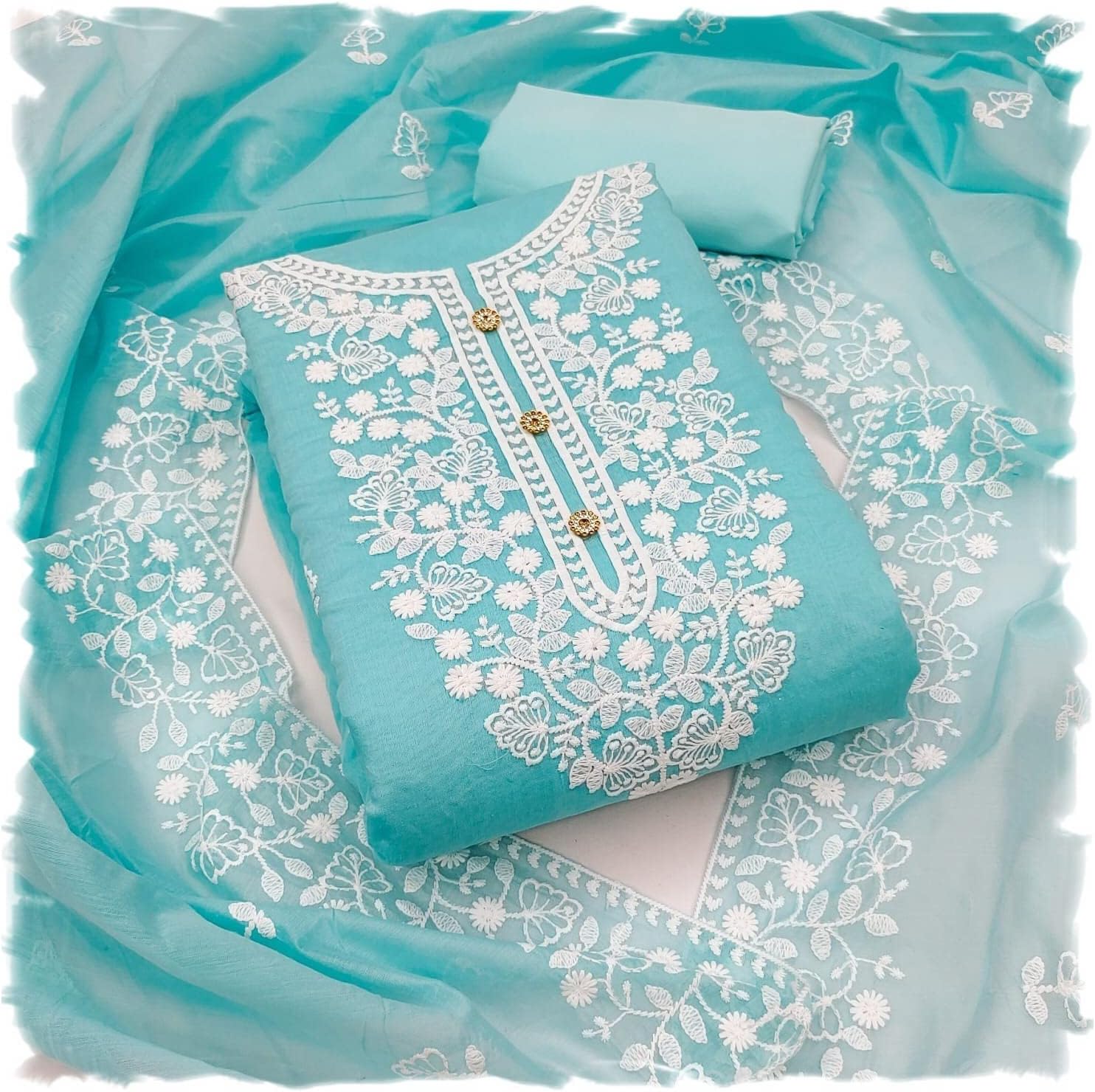 Women's Heavy Cotton Embroidery Work Unstitched Salwar Suit Dress Material With Chanderi Work Dupatta (Free Size)