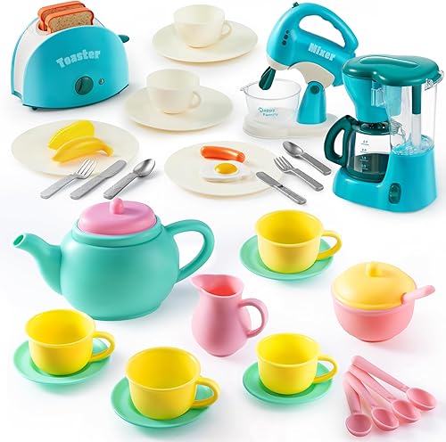 JOYIN Juego de té de plástico de 18 piezas, juego de fiesta de té de simulación, juguetes de cocina, juego de electrodomésticos de cocina con
