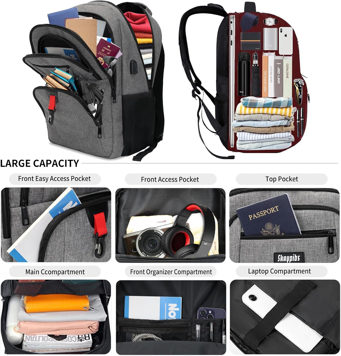 School Backpack for Boys Teens, Backpack for Men Women, 15.6 Inch Laptop Backpacks with USB Port, Water Resistent book bag, Work College Student Bookbag, back pack, Grey - Image 2