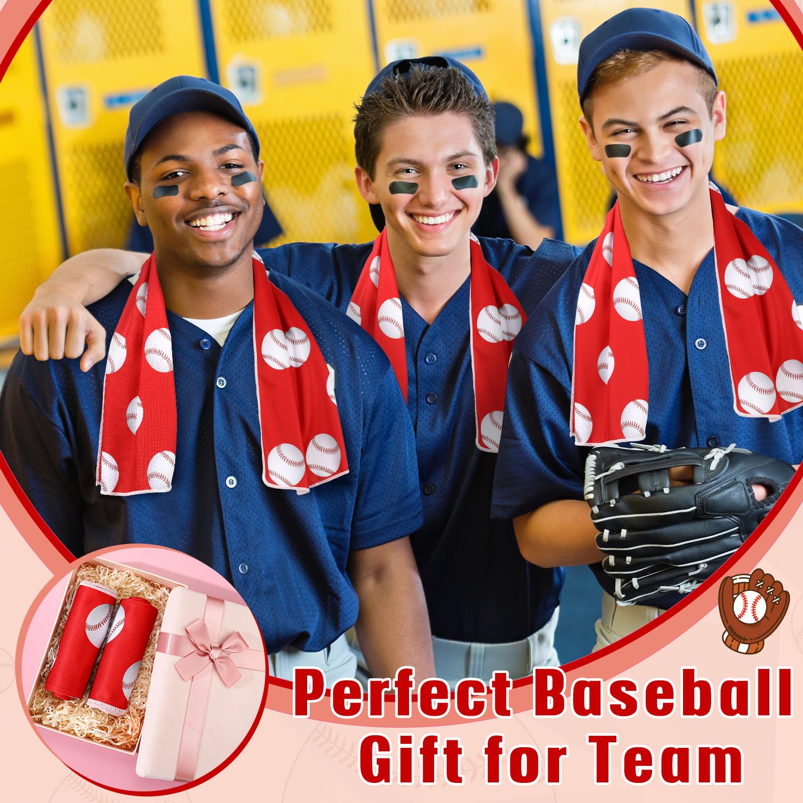 Peryiter 12 mini asciugamani rinfrescanti, 76,2 x 22,9 cm, per baseball, softball, calcio, golf, asciugamano traspirante, in microfibra, per sport, palestra, corsa, allenatore, regalo (baseball, rosso