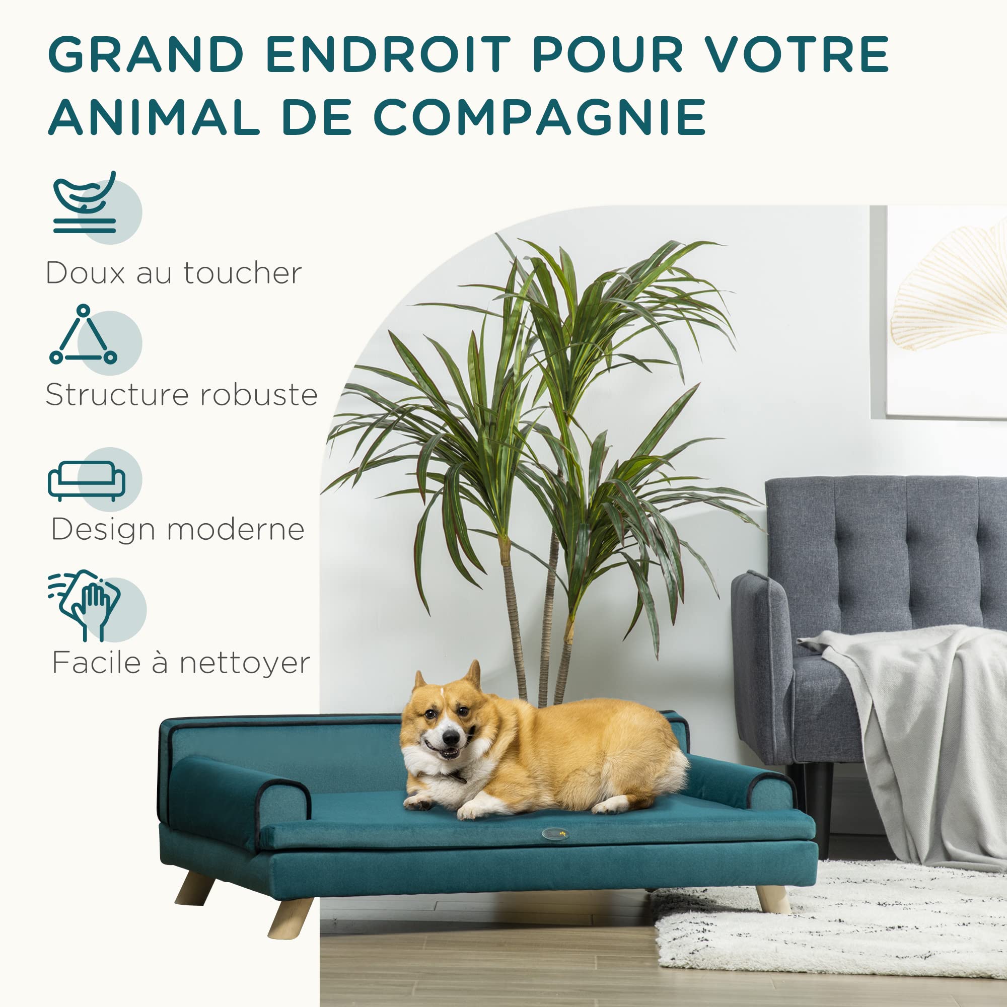 PawHut Canapé pour Chien Chat Design scandinave Coussin Moelleux Amovible Pieds Bois Massif 100 x 62 x 32 cm Bleu Canard