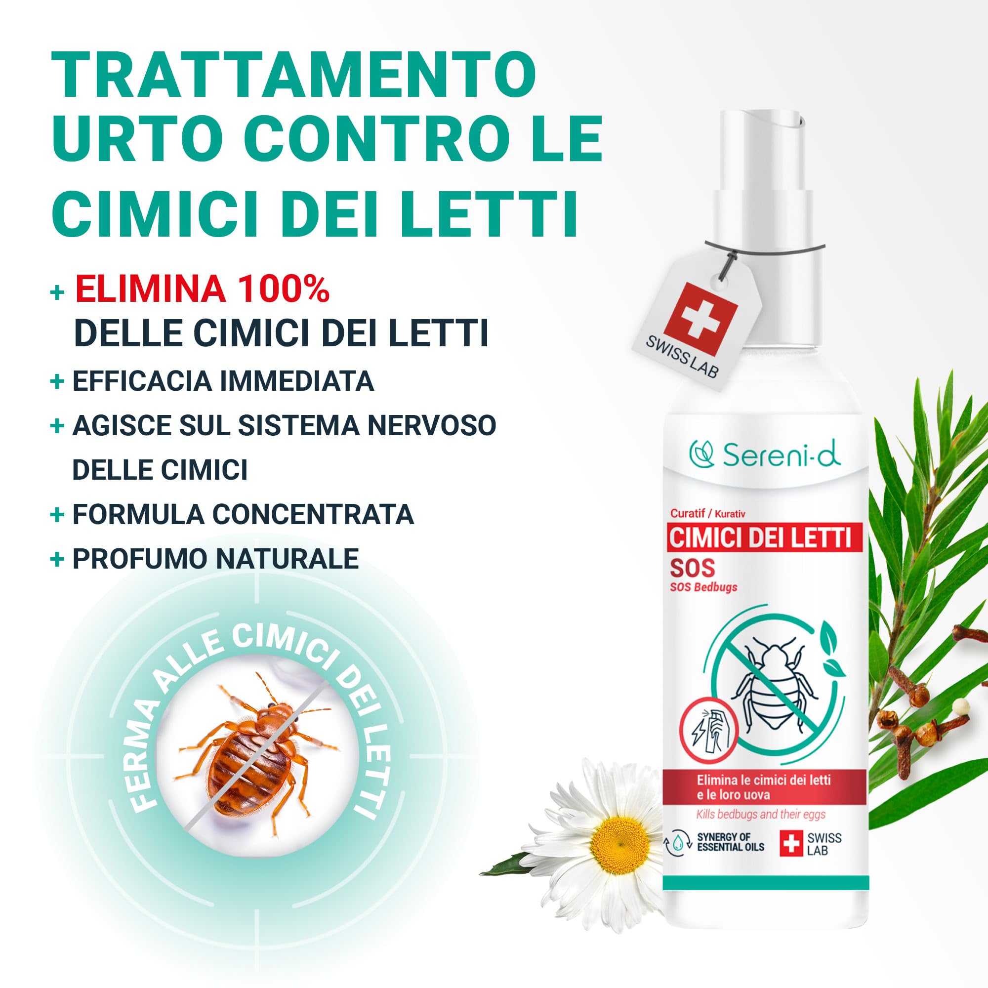 SOS ANTI CIMICI DA LETTO CHOC - Spray Insetticida CHOC - Disinfestazione facile e rapida delle cimici da letto - Trattamento naturale con Oli Essenziali e Fiore di Piretro Vegetale - Swiss Lab