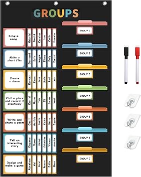 REGELETO Boho Small Group Management Pocket Chart with 114 Cards, Large Size 46 x 26.3 inch Classroom Small Group Organizer for School Teacher Homeschool Learning Supplies Black