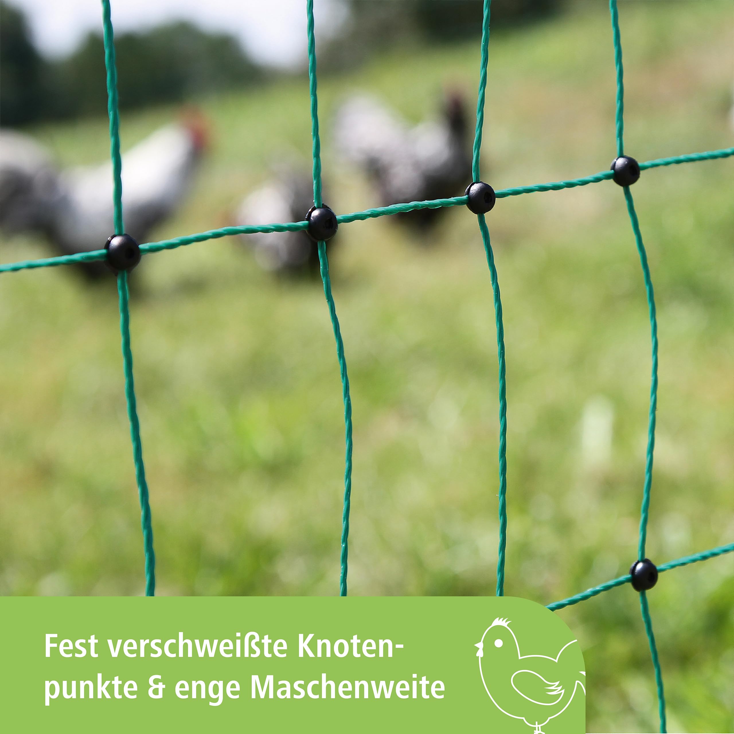 Kerbl Hobbyfarming PoultryNet, 106cm, 50m, Geflügelnetz, Weidezaunnetz, stromlos, Doppelspitze, grün, 15 Pfähle, Hühner, Gänse, Puten, 3 Jahre Garantie UV-Stabilität