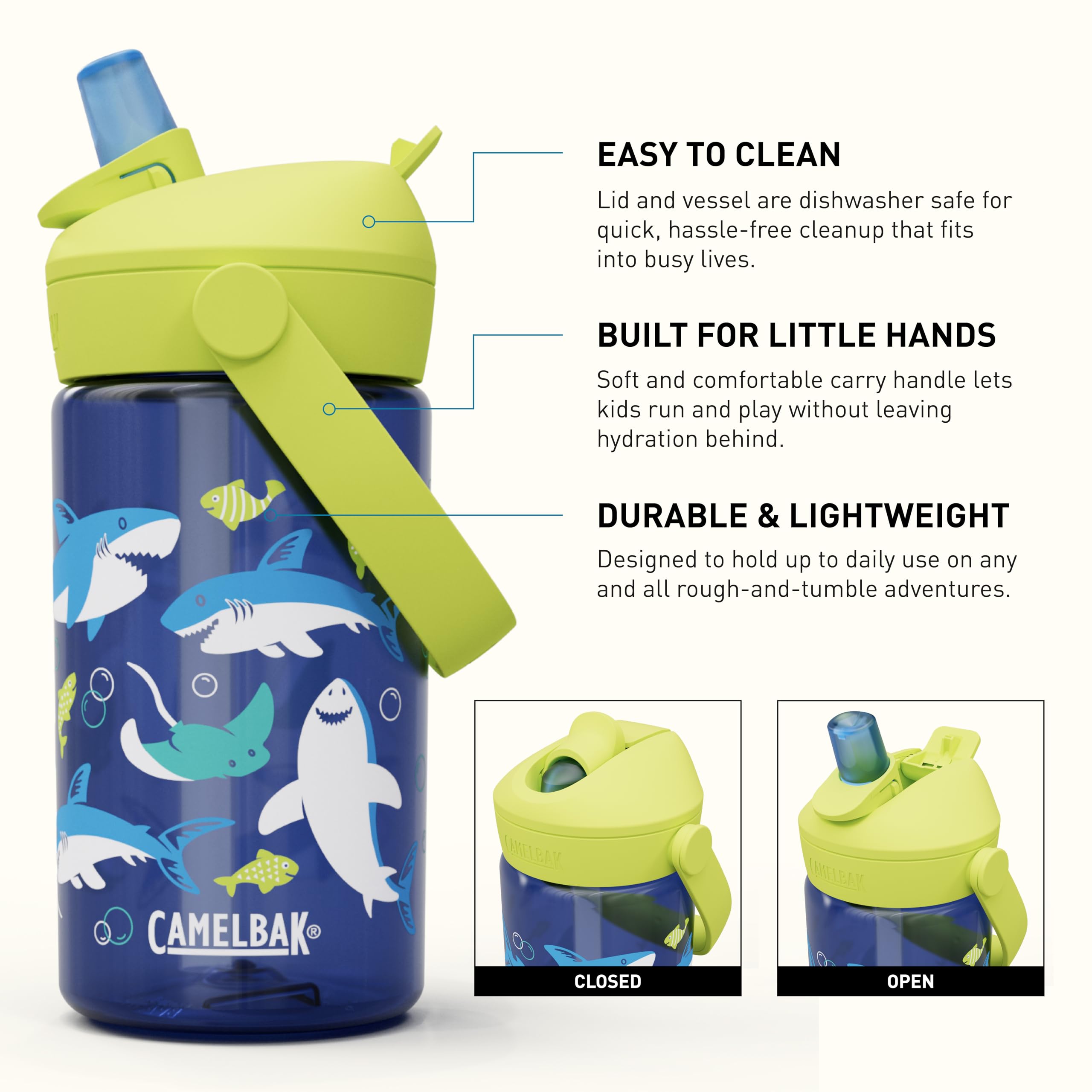 CamelBak THRIVE FLIP STRAW KIDS 415 ml – bouteille de sport – étanche – pour enfants – facile à manipuler – idéal pour les déplacements – Sharks And Rays, taille: OS
