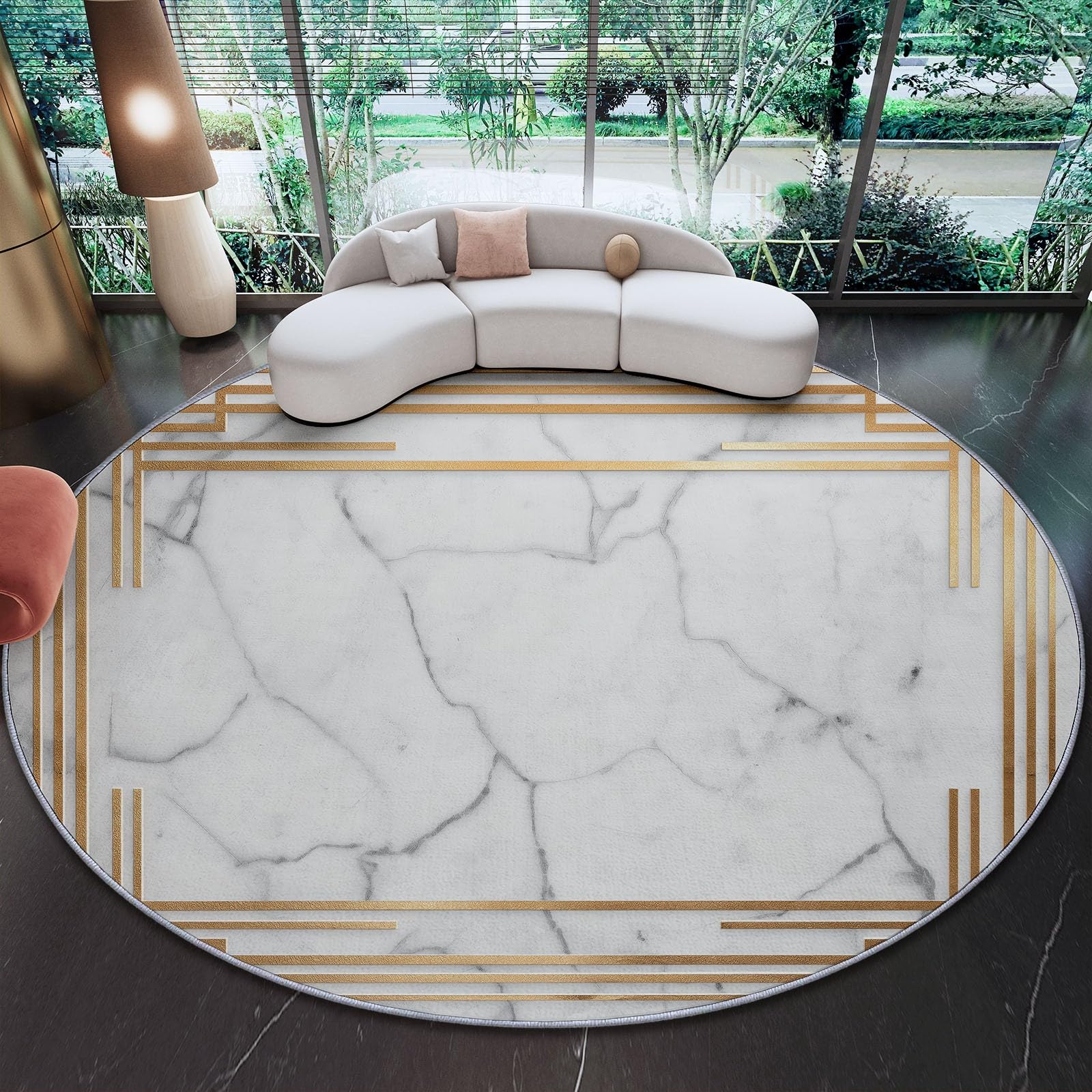 Weiß Runder Teppich 100 cm,Waschbar Schlafzimmer Teppich Rund Art Déco Marmor Geometrisch Muster rutschfest Teppiche Wohnzimmer Eingangsbereich Küche