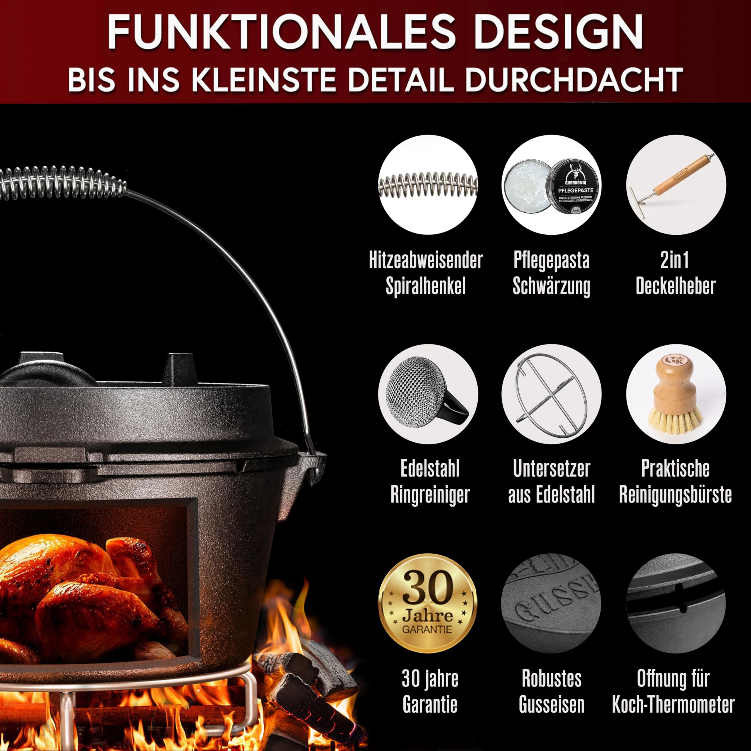 GUSSKÖNIG Dutch Oven Set–Eingebrannter Dutch Oven 7L–Feuertopf Gusseisen ohne Füß–Schmortopf Doppelfunktion-2in1 Deckelheber,Untersetzer,Schrubber,Pflegepaste,Bürste & Rezeptbuch-30 Jahre Garantie