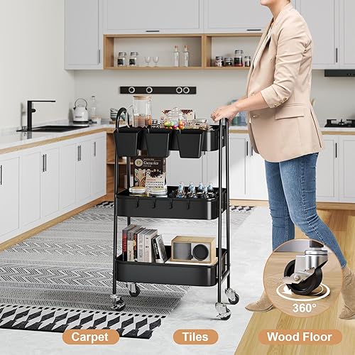 Miniatura 2 de Carrito de metal de 3 niveles con ruedas bloqueables, organizador de almacenamiento de tres niveles negro con ruedas para baño, cocina, lavandería,
