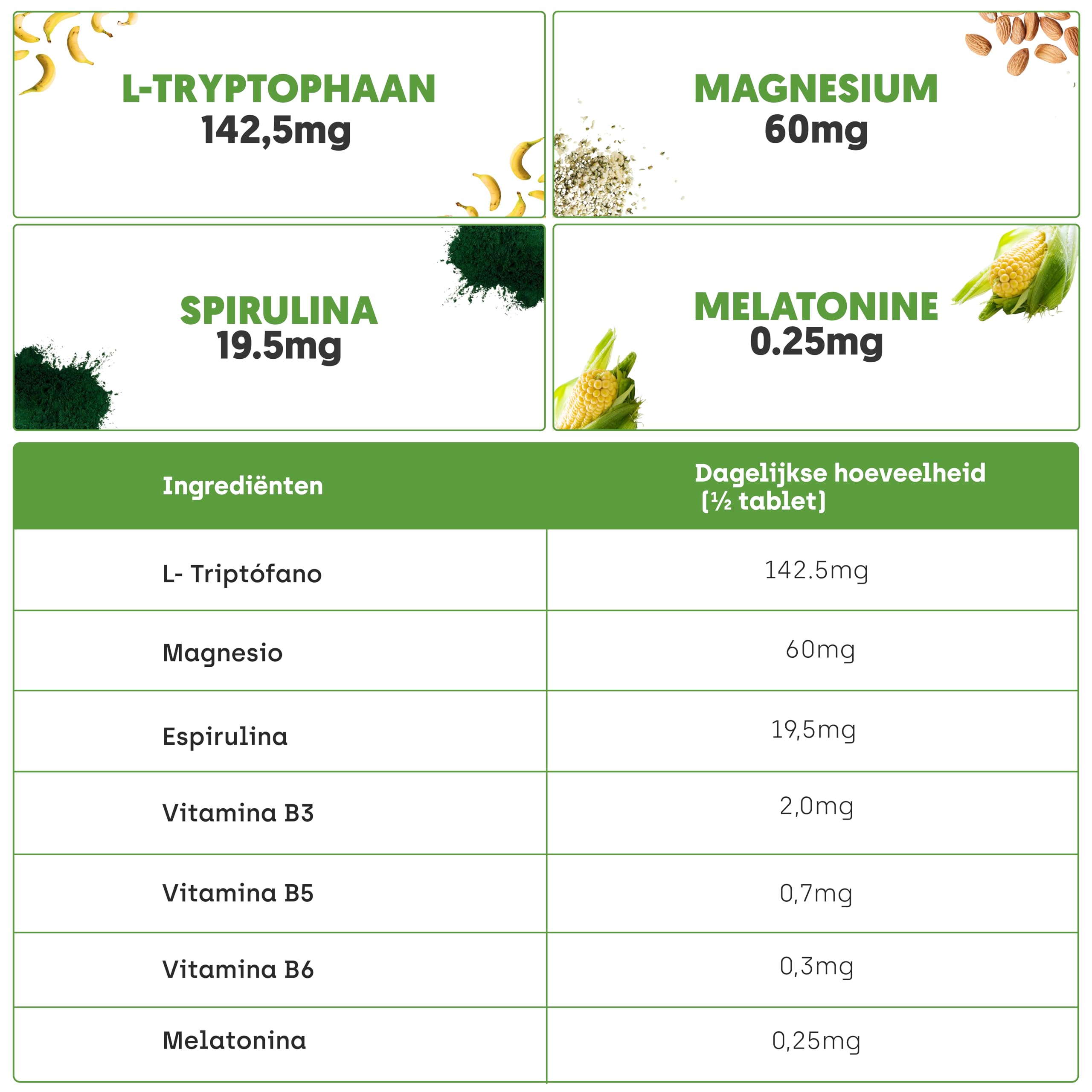 L-Triptófano con Melatonina y Magnesio + Espirulina + Vitaminas B6 B5 B3 | Dosis Alta | Para Dormir Bien, Estado de Ánimo, Energía, Bienestar y Concentración | Fórmula Sinérgica (Paquete de 2)
