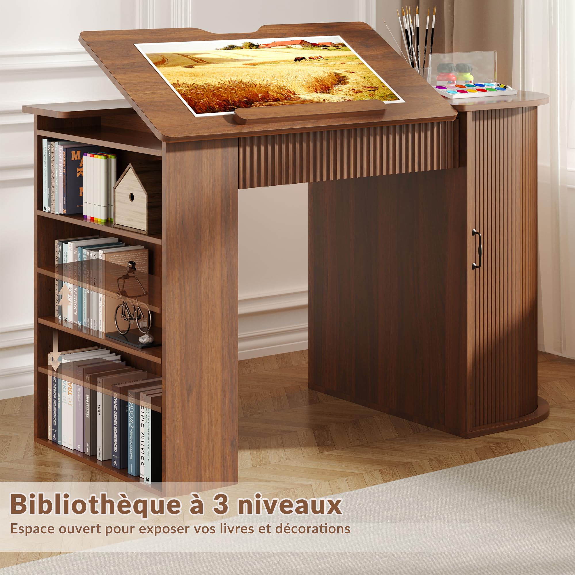 Table à Dessin inclinable avec rangements, Effet Bois