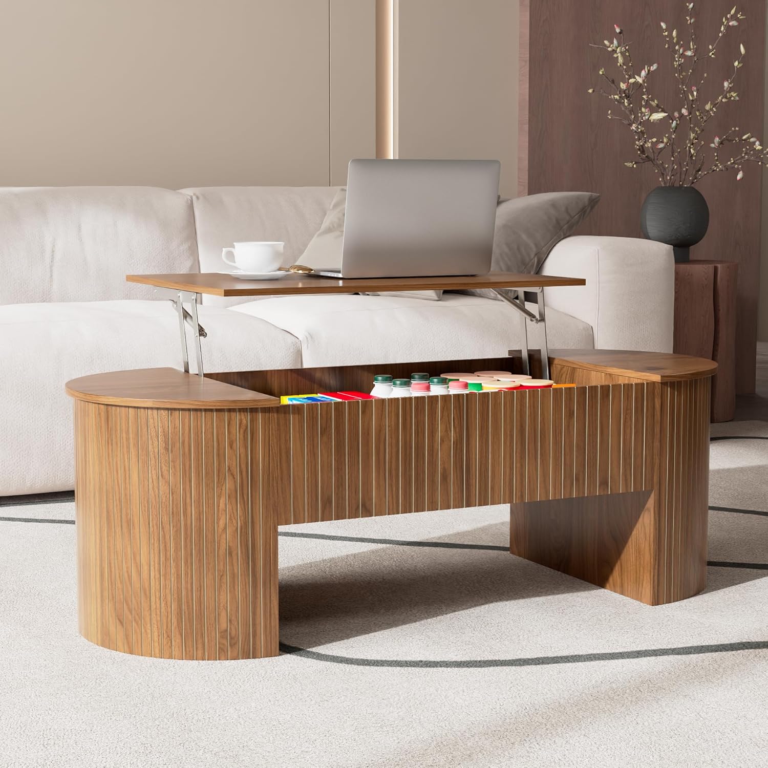 Oval Lift Top Coffee Table with Hidden Storage, Mid Century Modern Coffee Table with Lift Tabletop for Living Room, 47 Inch Large Wooden Center Table for Home Office (Walnut)