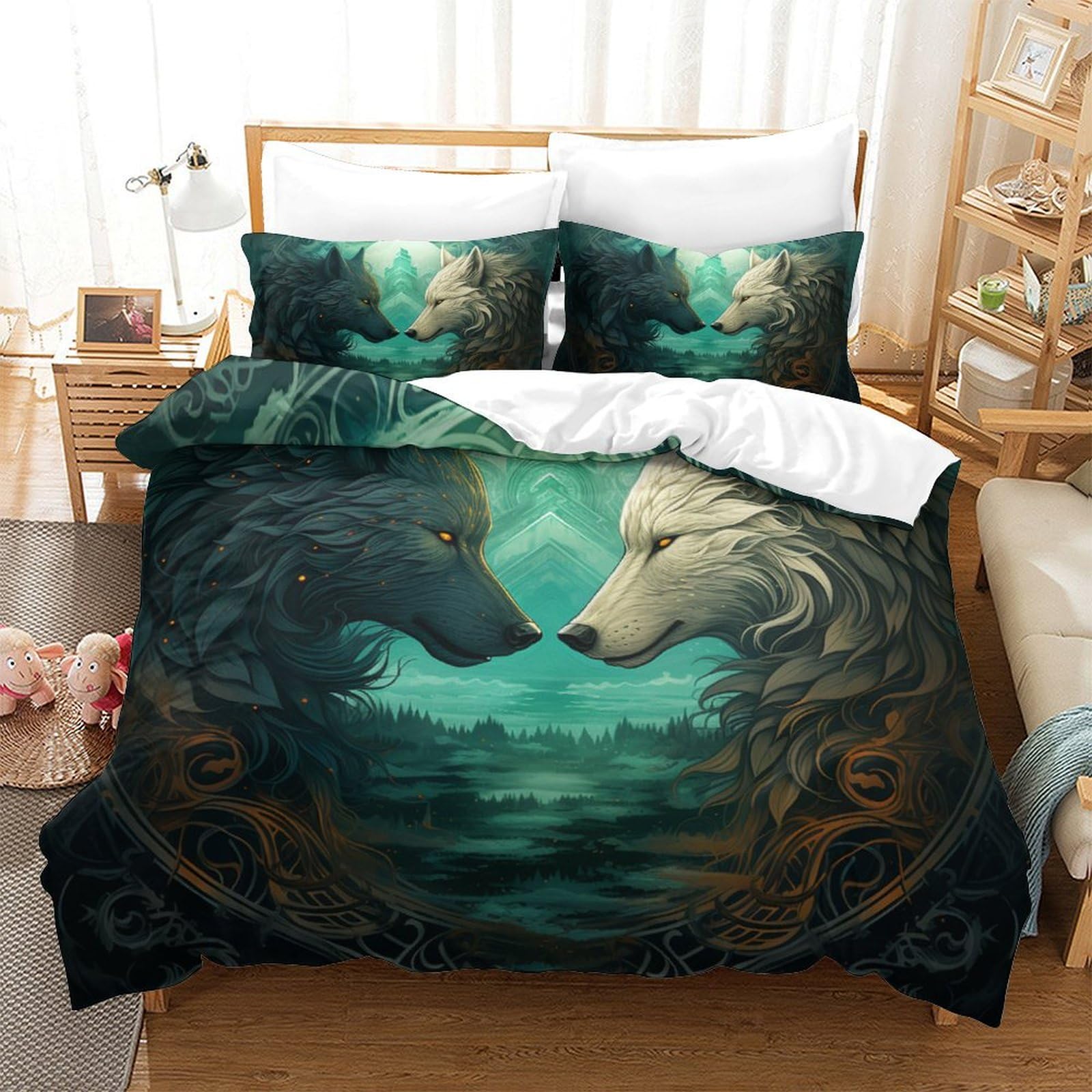 Housse de couette loup microfibre 260x220cm lit zippé sans repassage