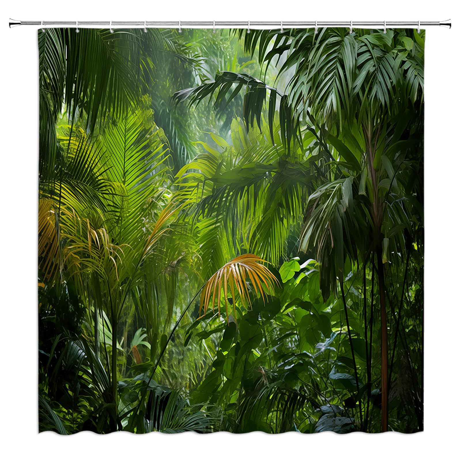 KTGHA Rainforest Shower Curtain Tropical Jungle Forest Green Palm Tree Leaves Nature Landscape Scenery Fabric Bathroom Decor with Hooks(59" Wx70 H)