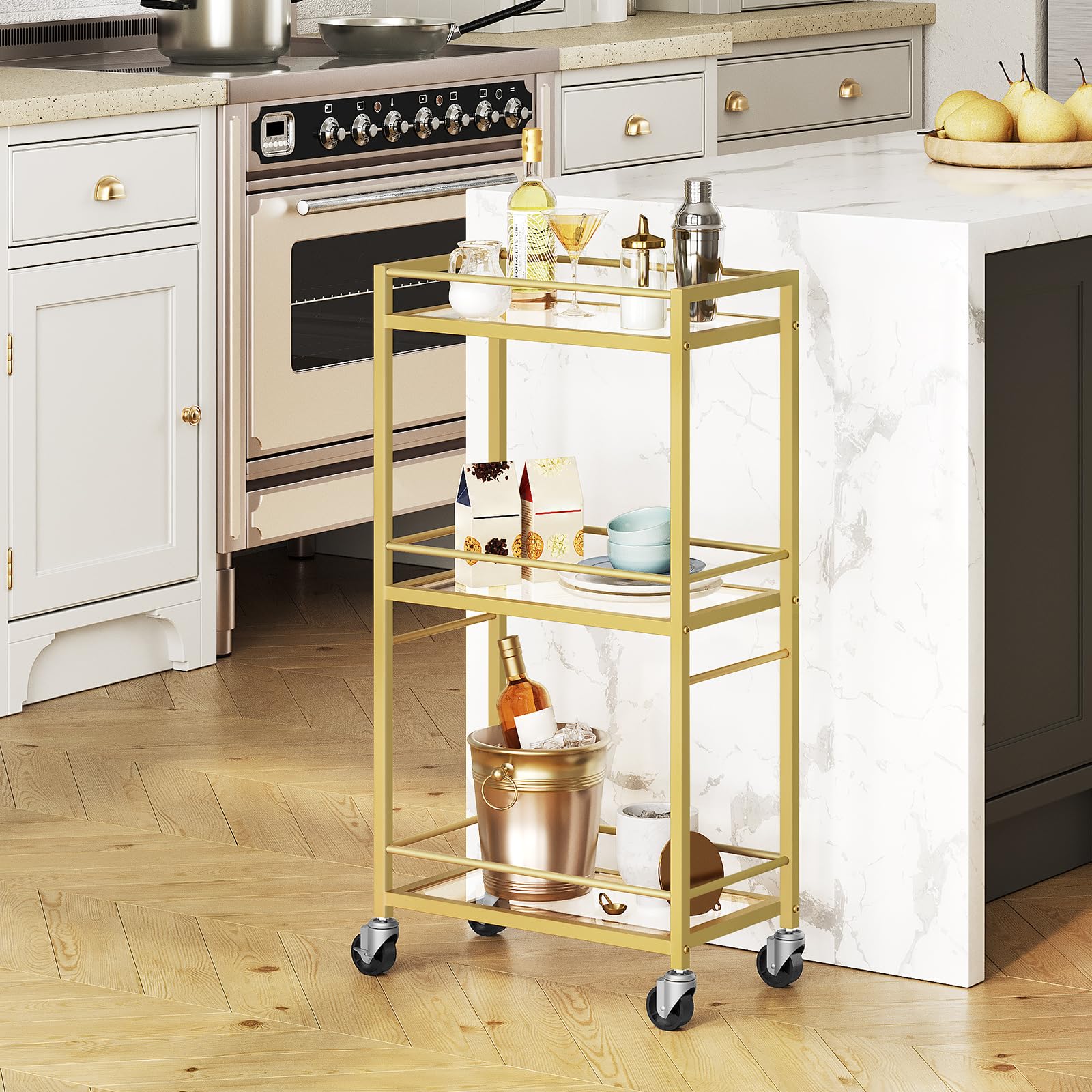 MAHANCRIS Bar Cart for The Home, 3-Tier Drink Cart on Wheels, Home Bar Serving Cart, Mini Bar Cart for Small Space, Rolling Kitchen Carts for Bar, Kitchen, Dining Room, Gold RCJW4001: Stylish