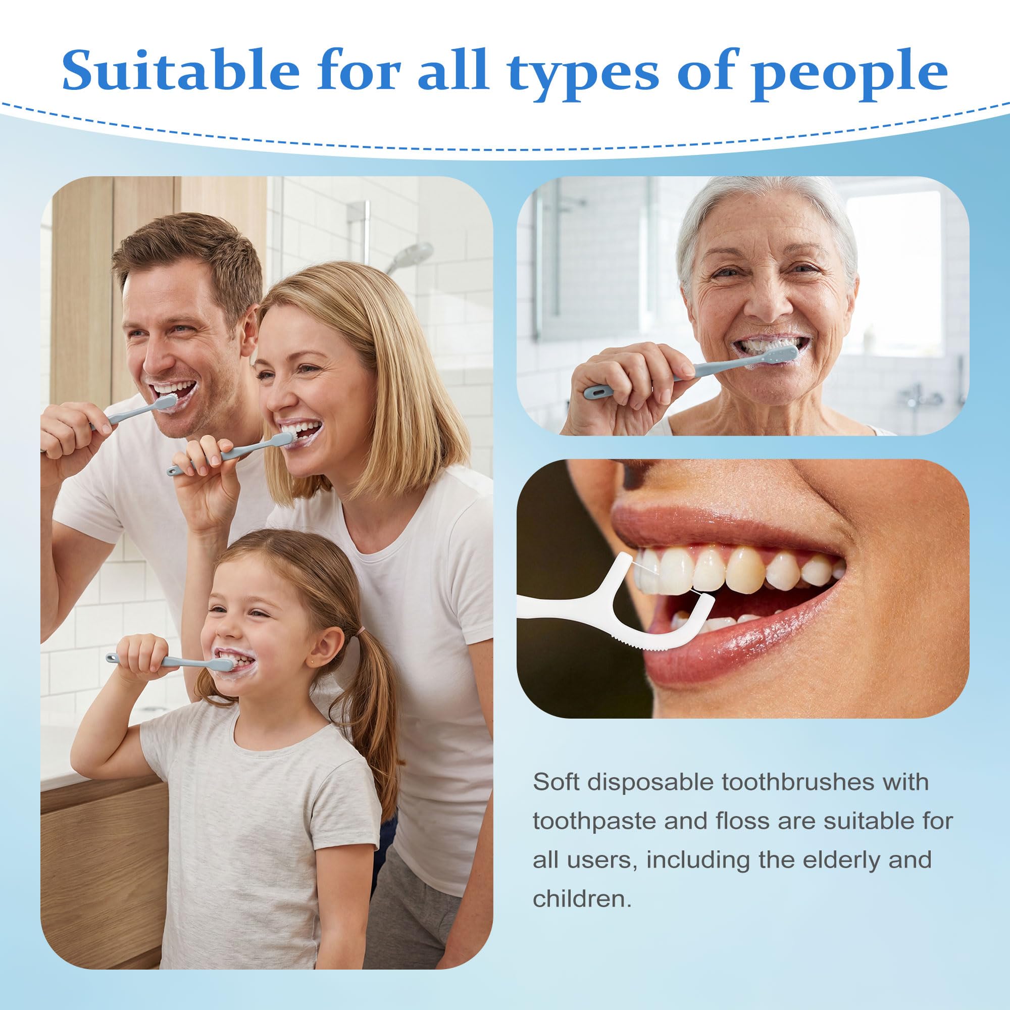 Cepillo de dientes desechable de viaje, cepillo de dientes y pasta de dientes, empaquetado individualmente, gris, con púas de hilo dental, adecuado para hotel, hogar, camping, viajes (paquete