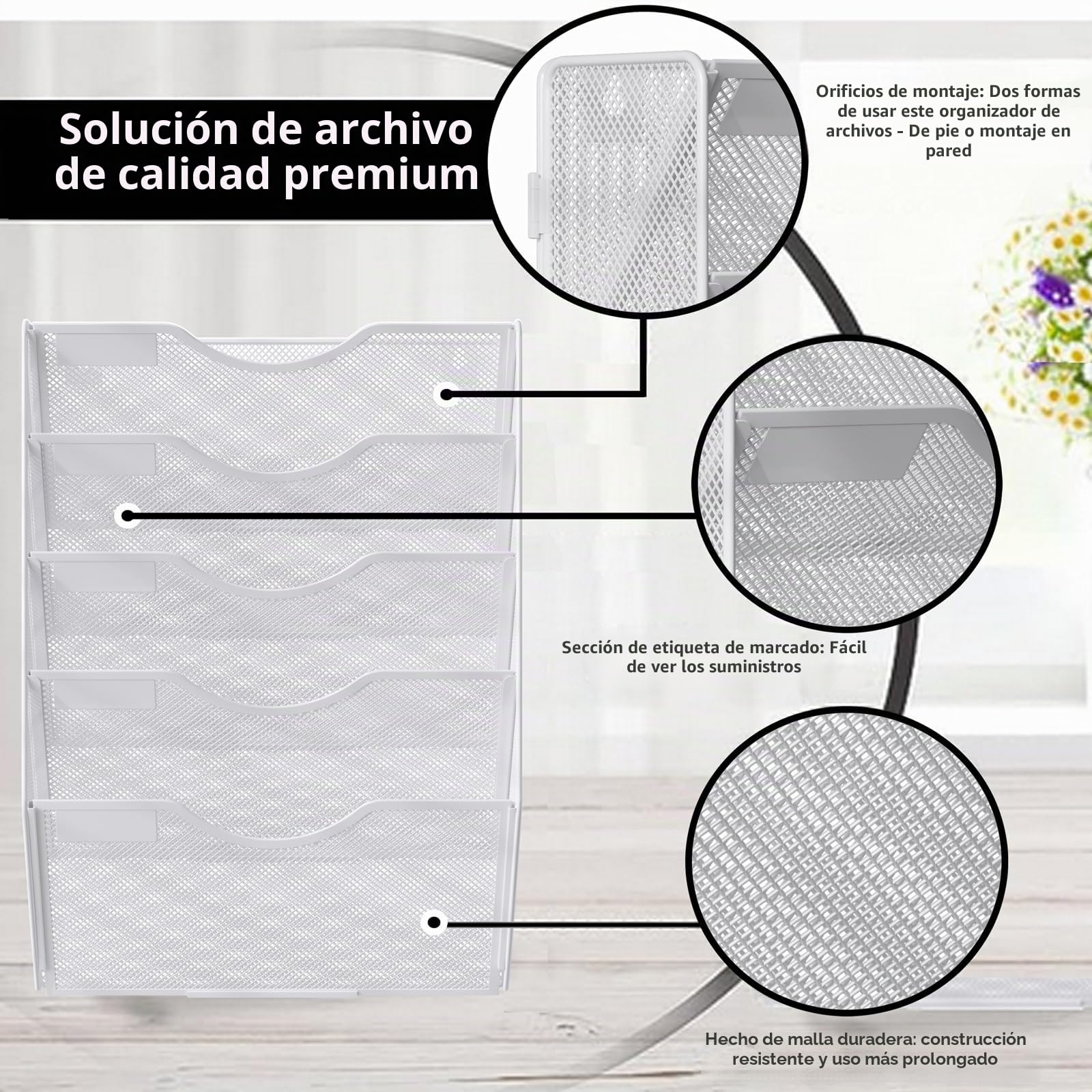 TQVAI 5 Compartimentos Malla Metálica Revistero Pared Documentos Organizador Papeles A4 Colgante Oficina Archivador de Organizador Herramientas Pared, Blanco