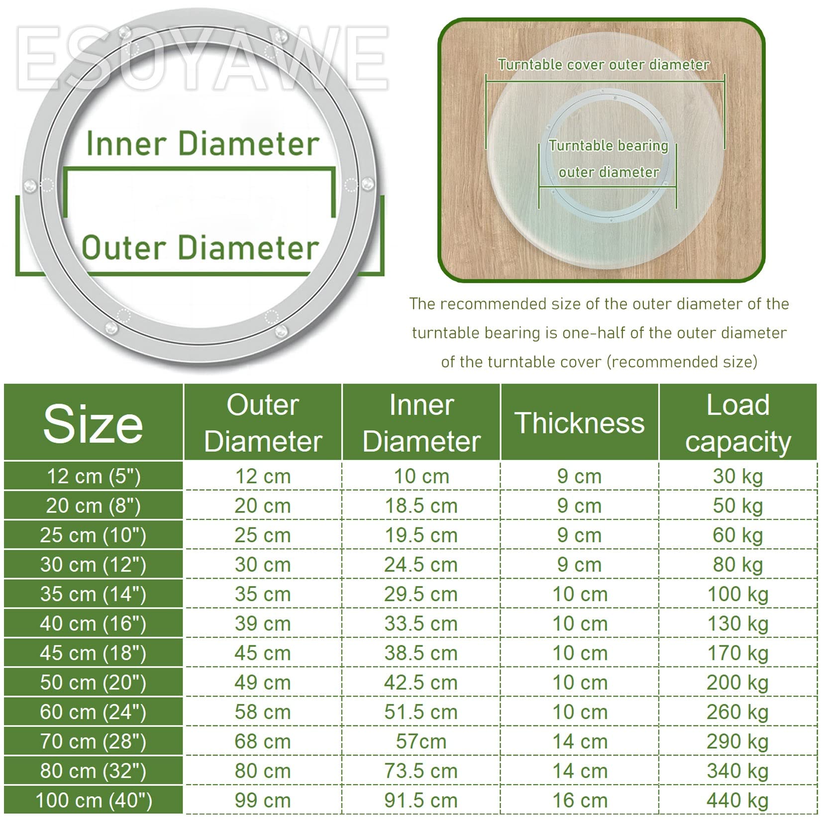 Cuscinetto for giradischi in lega di alluminio, cuscinetto a sfere for giradischi in lega di alluminio Base Lazy Susan, dimensioni multiple, argento(50 cm)