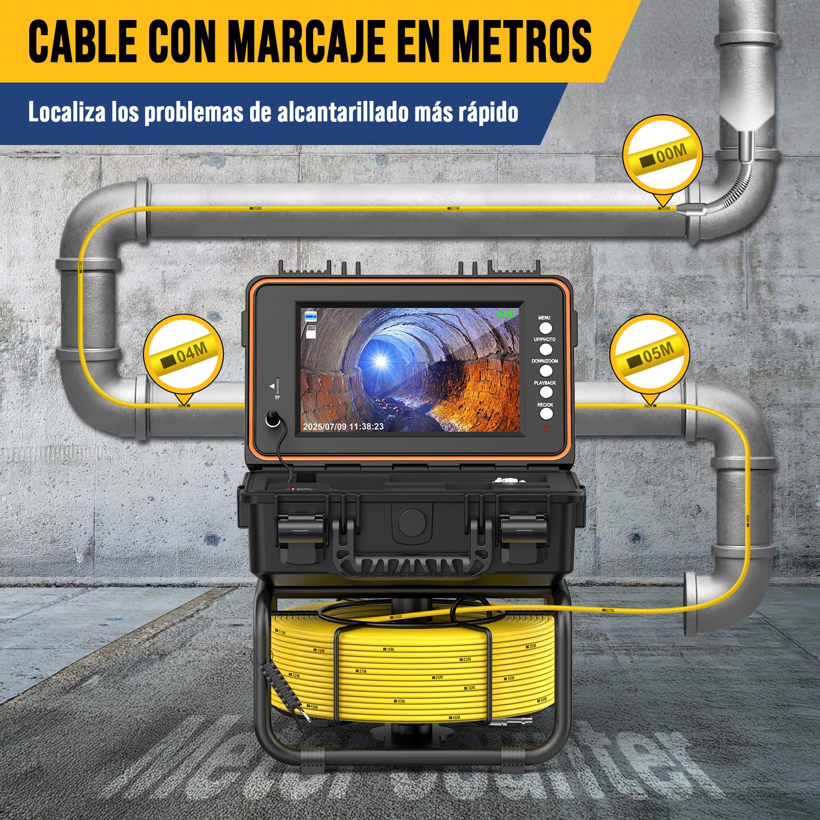 Cámara de Inspección de Tuberías con Sonda 512Hz Y Auto-Nivelación 1080P, Cable de 50M con Marcadores, Pantalla IPS HD de Nueve Pulgadas, 32GB DVR, Batería 5100mAh, IP68 Impermeable