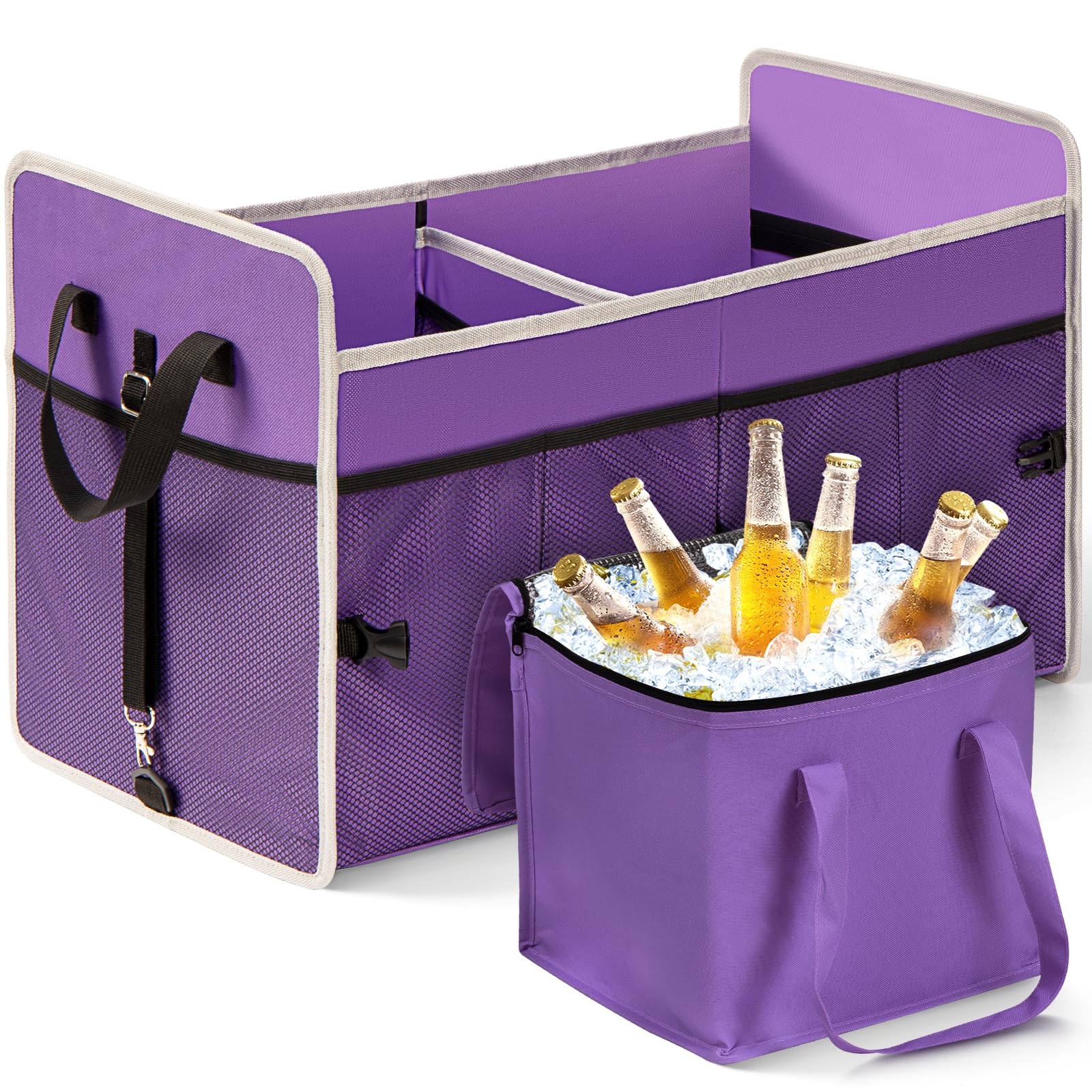 GPUSFAK Car Trunk Organizer with Individual Cooler Bag - 2 Compartment Collapsible Car Storage for SUV (Purple)