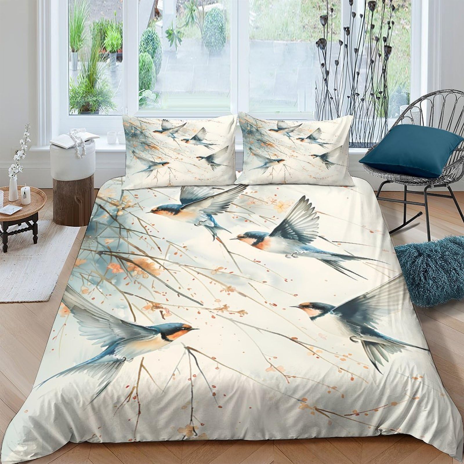 Ctjqhvkz Style-5 3D Printed Swallow Pattern Fitted Sheet Microfiber Soft Blue Birds Branches Mattress Cover Bedroom Decor Single（135X200cm）