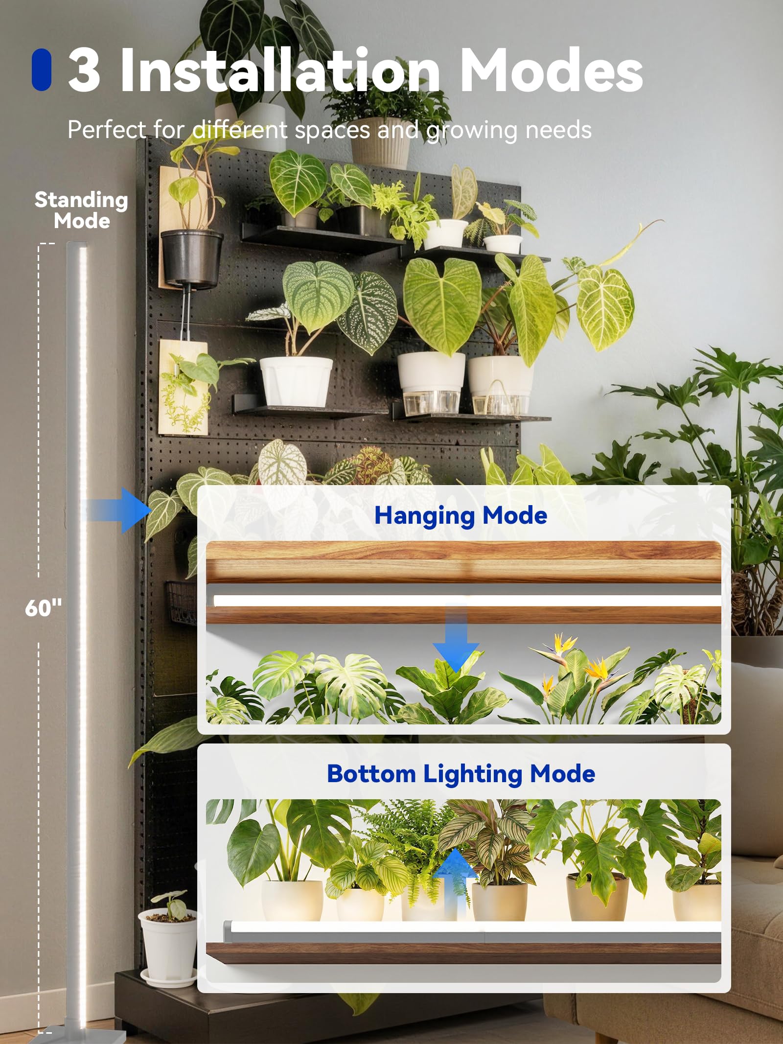 GLOWRIUM Grow Lights for Indoor Plants, 36W Vertical Plant Grow Lights with Auto-Timer, Full Spectrum LED Standing Plant Grow Light, 3 Light Modes, 6-Level Dimmable (60 in(Silver)): 60 IN