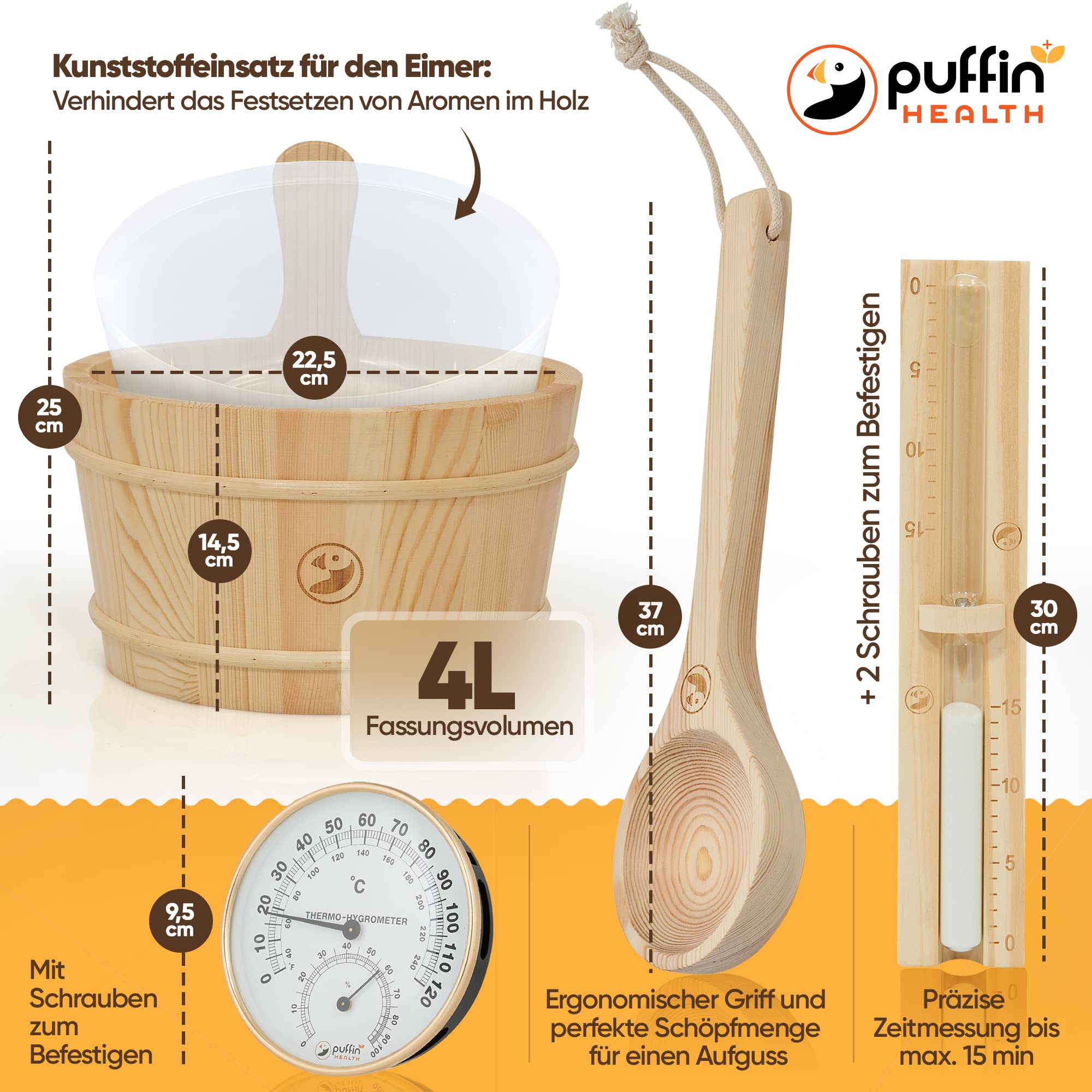 Sauna Zubehör Set | Saunathermometer, Hygrometer, Sanduhr, Aufguss Eimer & Saunakelle | Das perfekte Saunazubehör für Zuhause