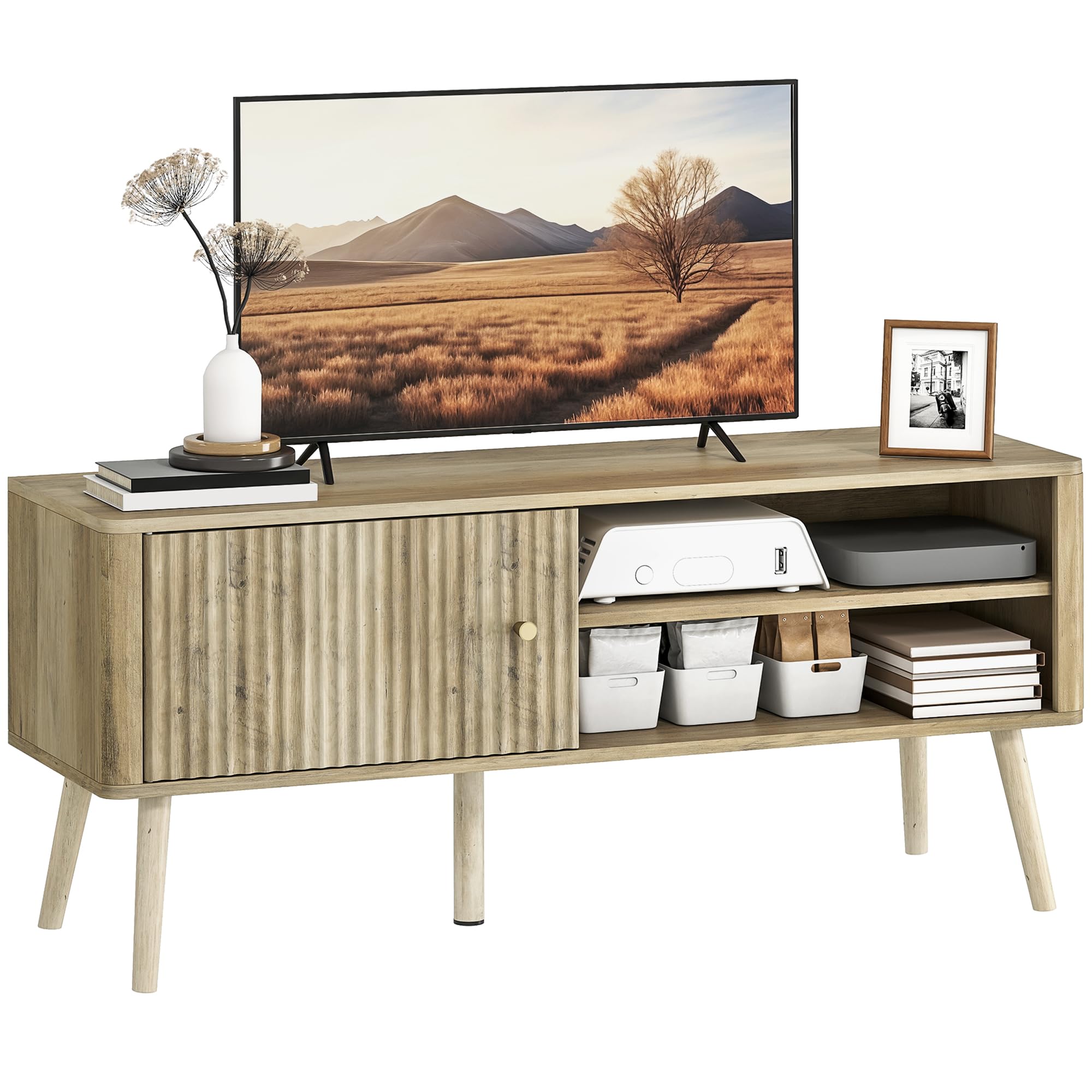 HOMCOM Mueble de TV con Puerta Acanalada hasta 55 Pulgadas 115 cm Roble | Mesa de TV, Mueble para Televisión, Estante Ajustable, Compartimentos Abiertos, Orificio para Cables, Salón, Comedor