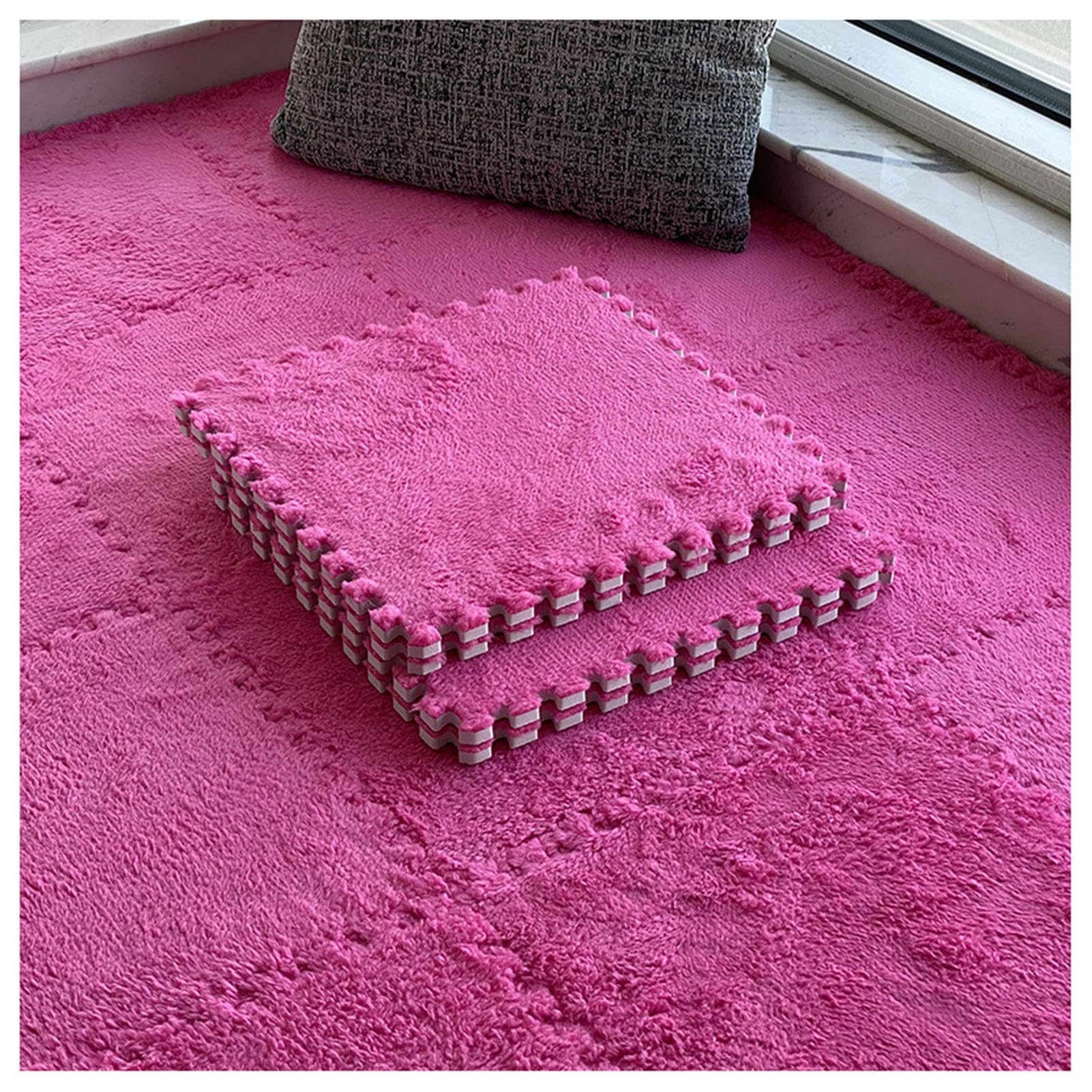 Puszyste płytki dywanowe, pluszowe piankowe układane w puzzle, wielokolorowe, 30 x cm, opakowanie 8 sztuk (różowe)(Rose Red)