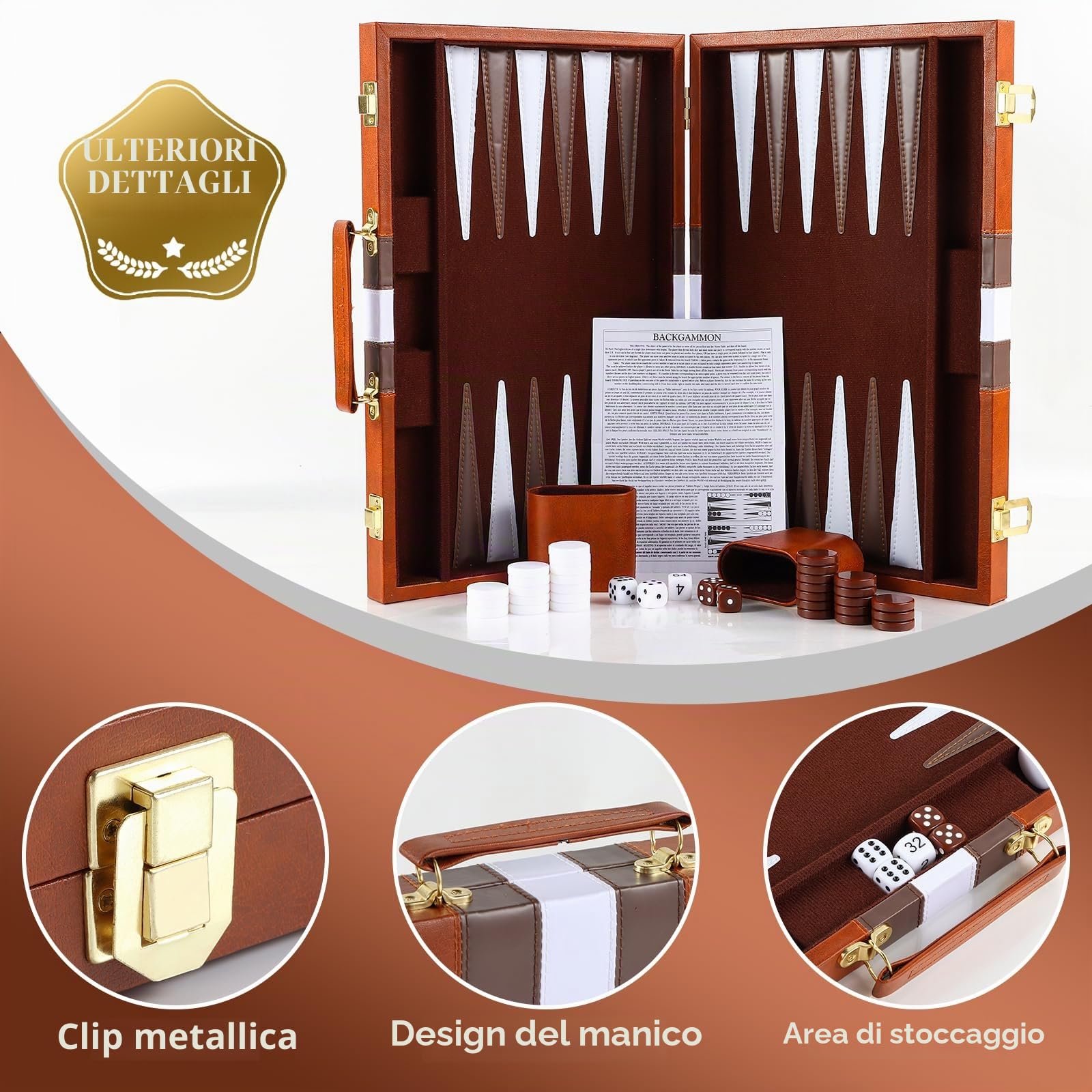 Set-backgammon, Valigetta Backgammon da 11 Pollici con Accessori Completi, Set Backgammon Portatile da Viaggio con Maniglia per il Trasporto, per Adulti (Marrone)