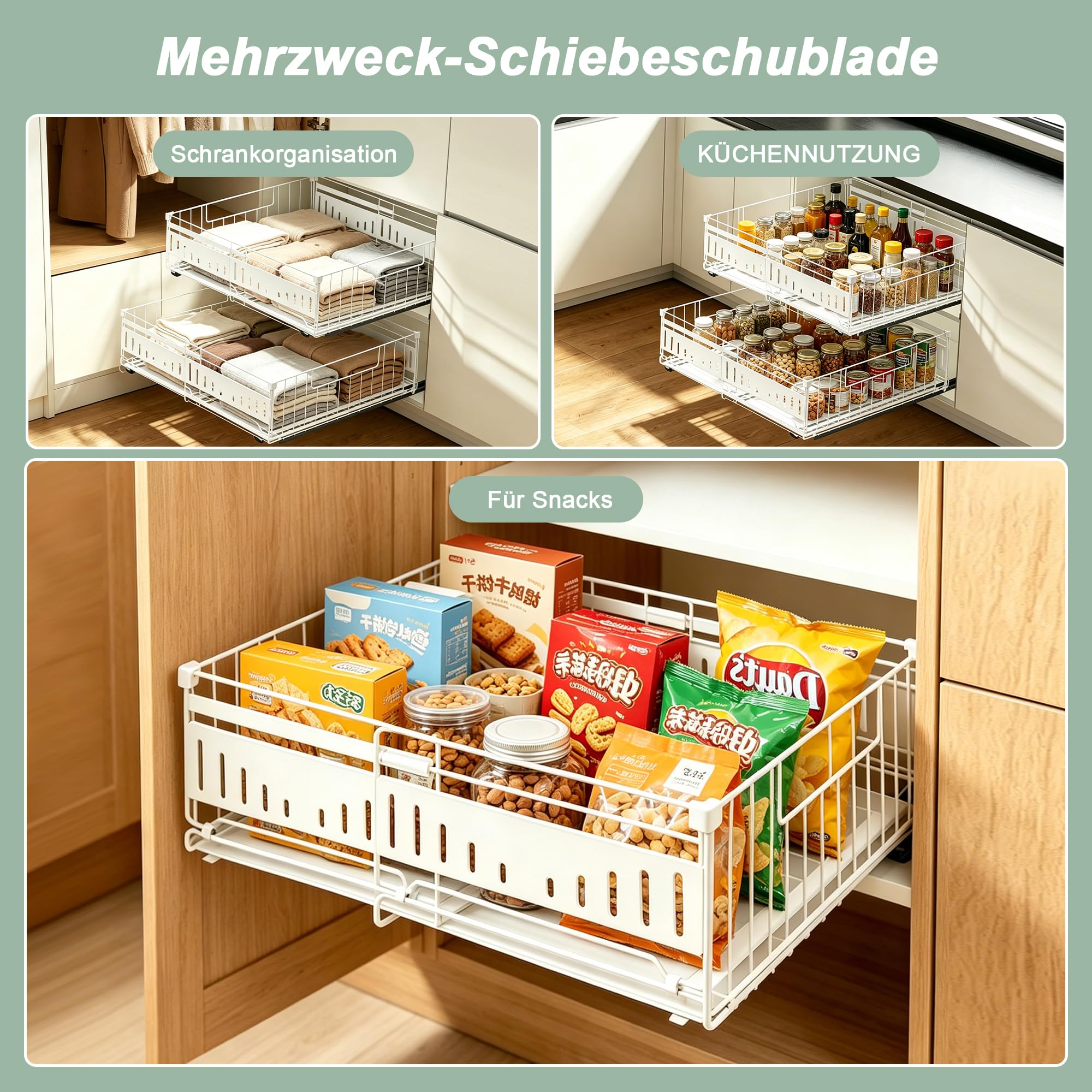 2 Stück Ausziehbare Schublade Küche, Teleskopschublade Inklusive Schubladenmatte, Einstellbarer Breite 33-51 cm, Küchenschrank Organizer ohne Bohren für Küche, Bad, Zimmern und Abstellräumen, (Weiß) | Mit Schubladenmatte, Ausziehbreite (33-50 cm), 3 Gleit