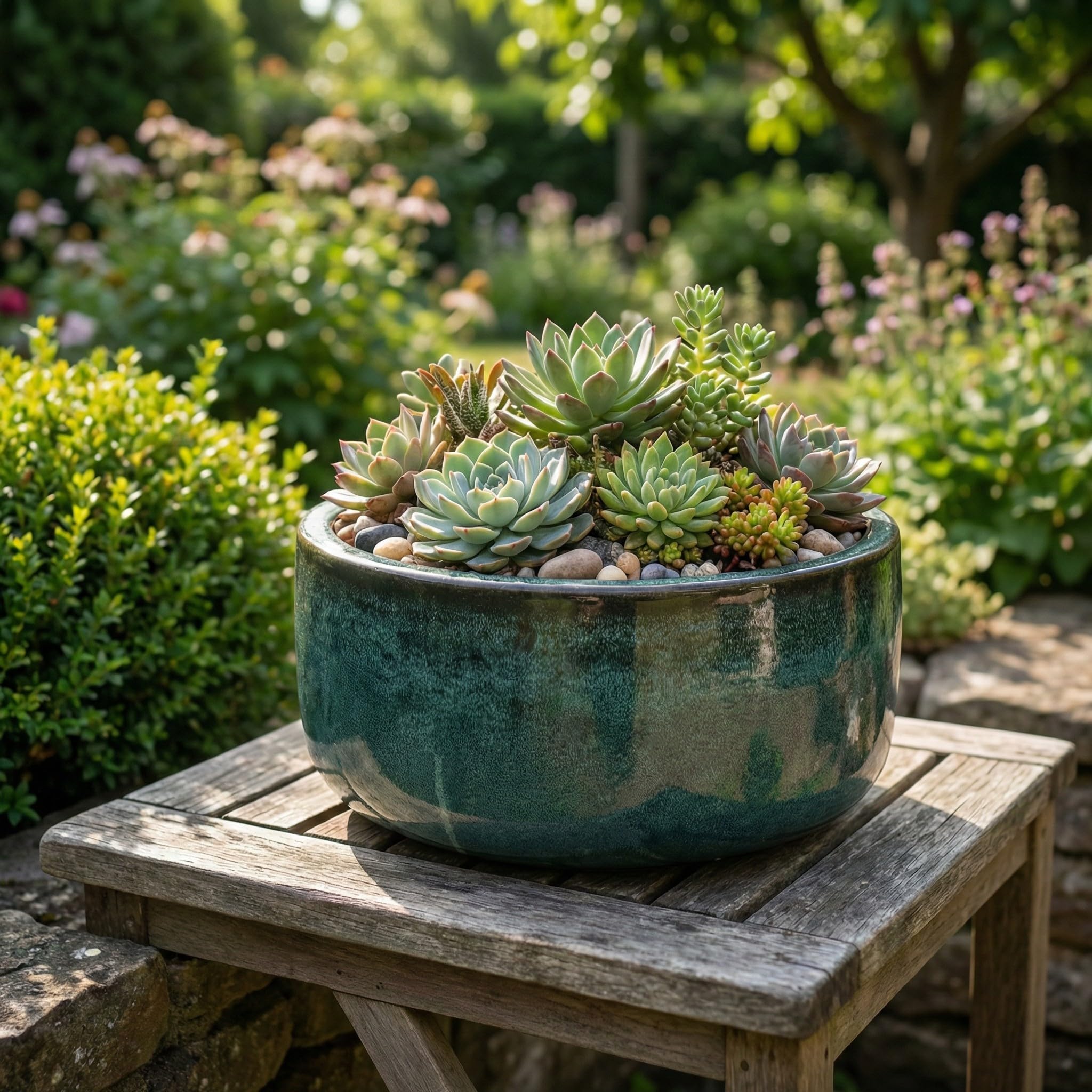 Teramico Vaso per piante in ceramica resistente al gelo, rotondo, fatto a mano, per esterni, balcone e terrazza, con foro per pavimento (verde muschio, Ø 38 x 20 cm)
