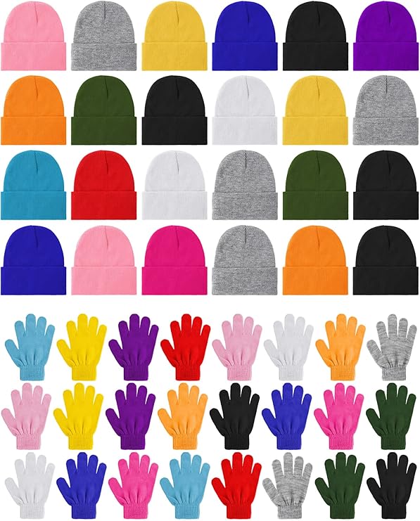 Funtery 48Pcs Kids Winter Beanie and Gloves Set – Bulk Knit Hat & Magic Gloves Pack for Boys and Girls, Warm Donation Gift