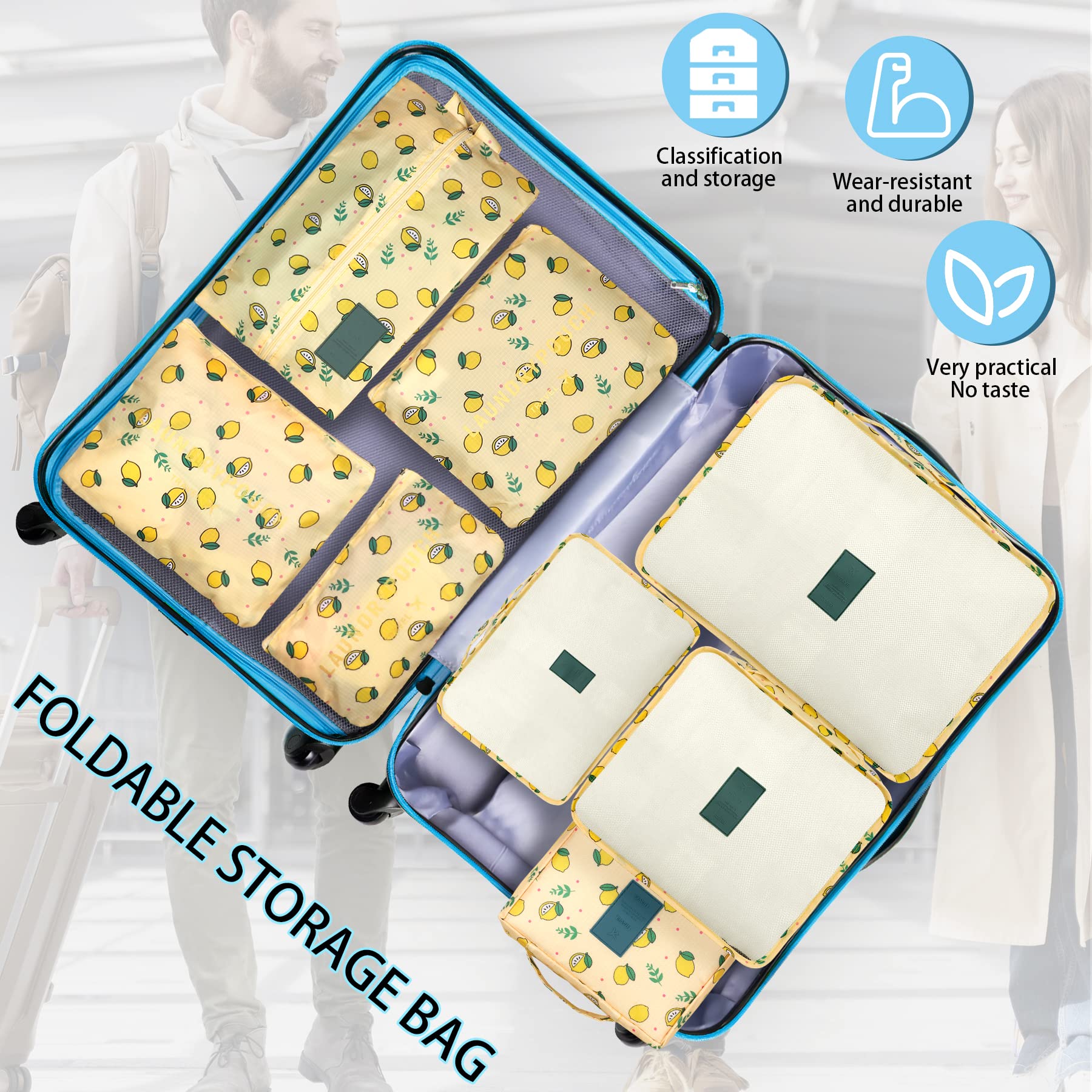 Coolzon Organizer Valigie Viaggio Set 8 Pezzi set, Cubi di Imballaggio Organizer Valigia Perfect Storage Travel Luggage Organizer per i vestiti,Cosmetici,Scarpe,Intimo,Giallo