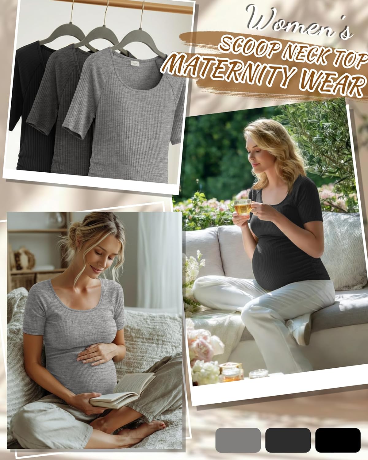 3 Pack Women's Maternity Shirts Cotton Ribbed Short Sleeve Side Ruched Pregnancy Tops Scoop Neck Mama Summer Tees