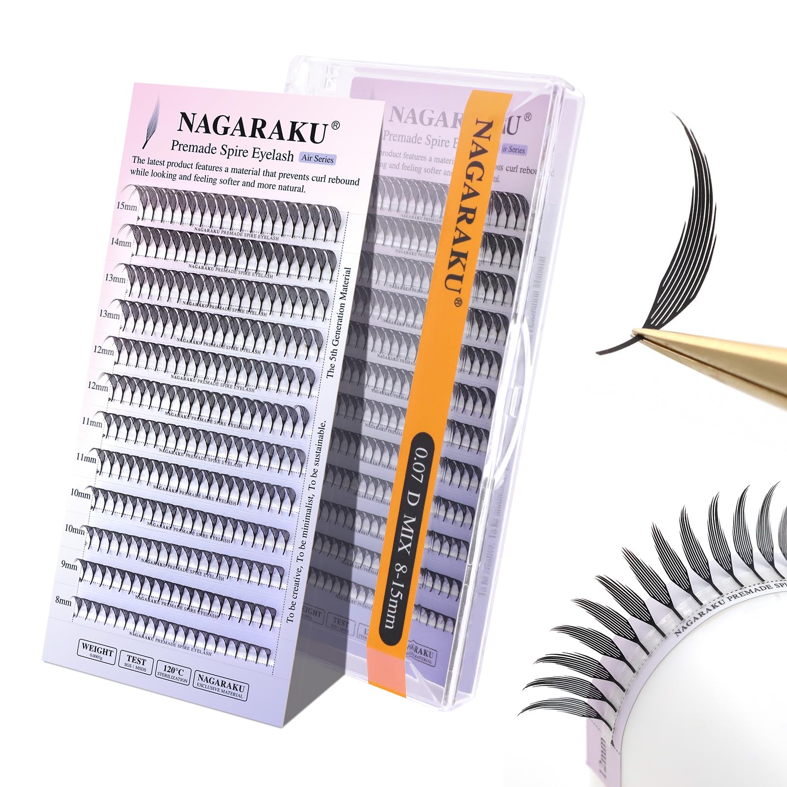 NAGARAKU Spire Shaped Eyelashes Extensions Air Series Premade Volume Lashes 0.07mm D Curl 8mm-15mm Mix Length 240 Clusters Wet Set/Anime/Manga Styles Lashes