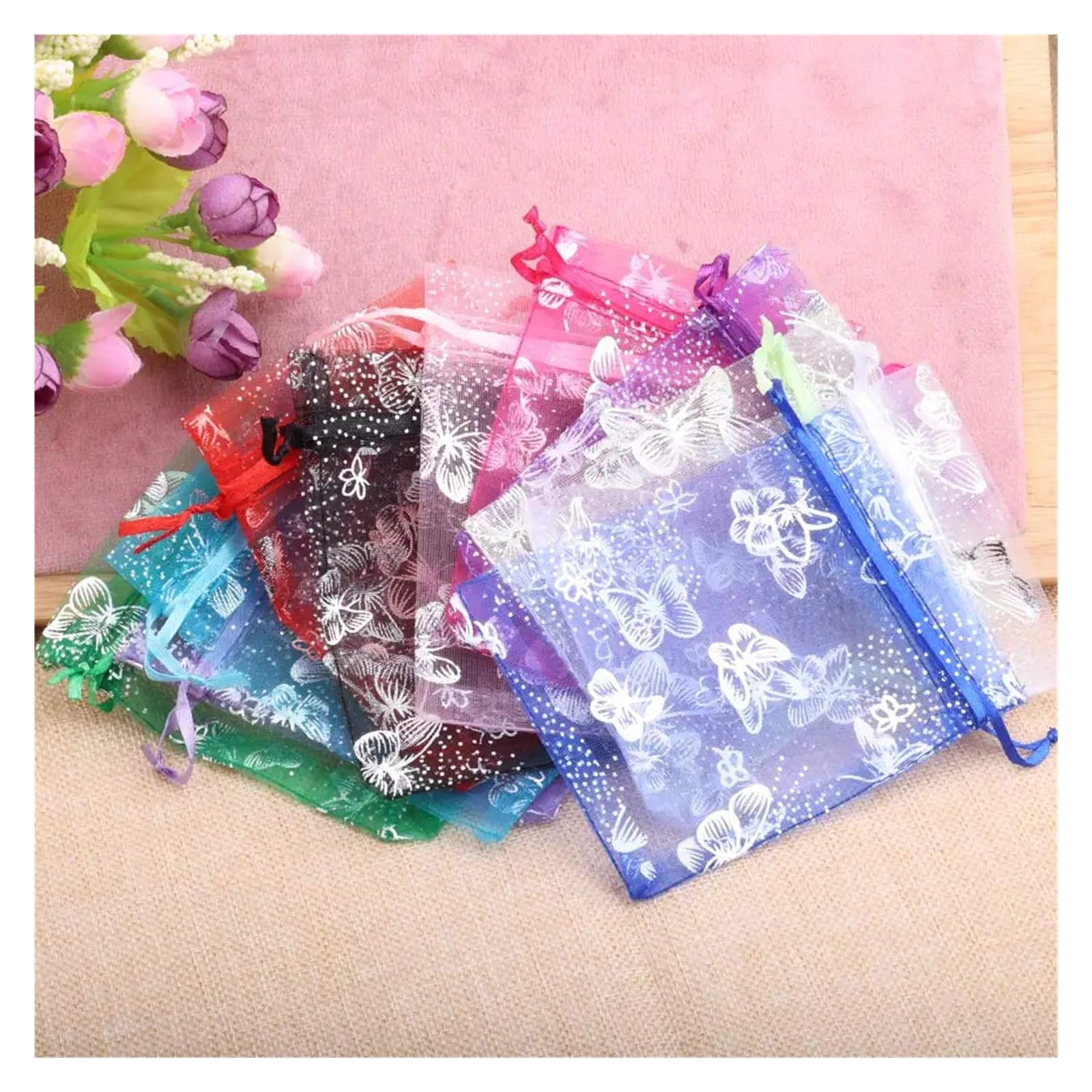 Pochon Tissu Lot de 50 sachets Cadeaux en Organza avec Motif Papillon et Cordon de Serrage(10fuchsia,13x18cm)