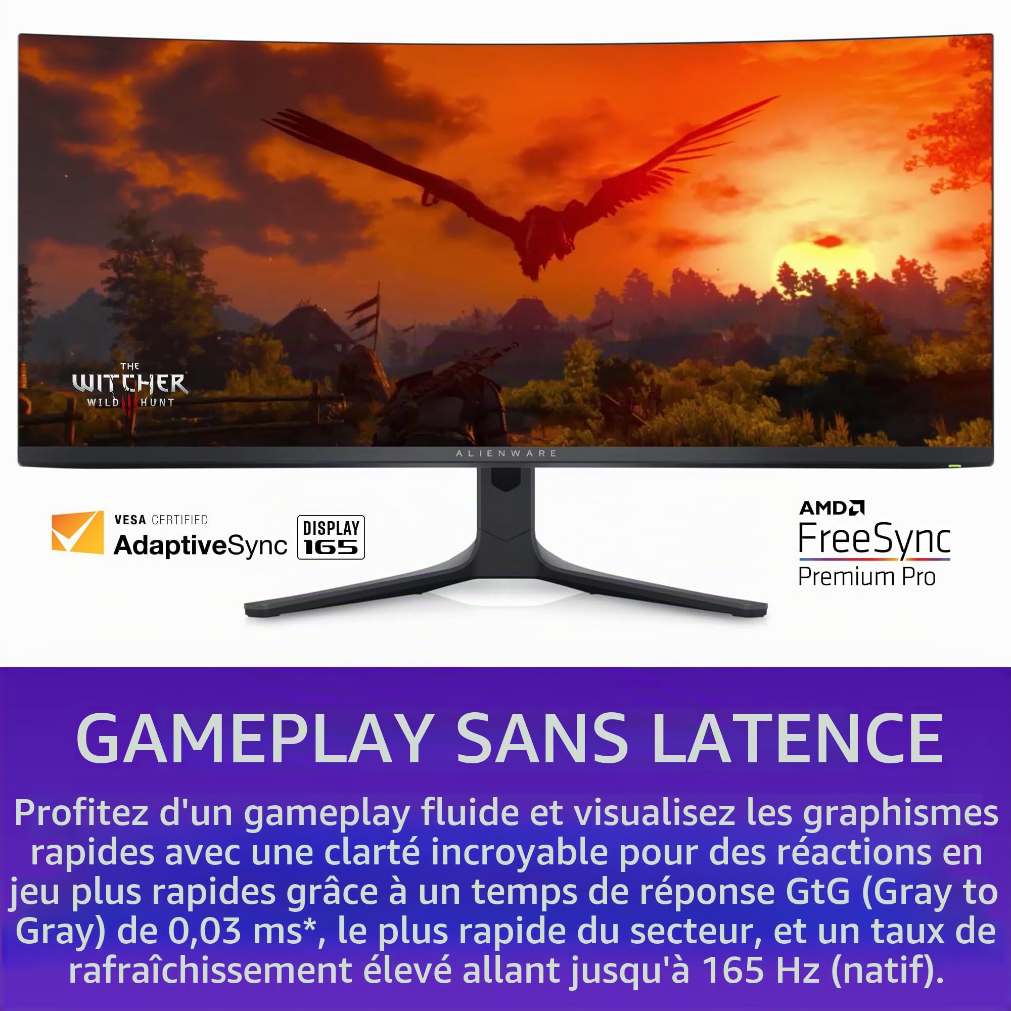 Dell Alienware Écran de jeu QD-OLED incurvé 34" AW3423DWF, système d'éclairage AlienFX, temps de réponse 0,1 m, antireflet,