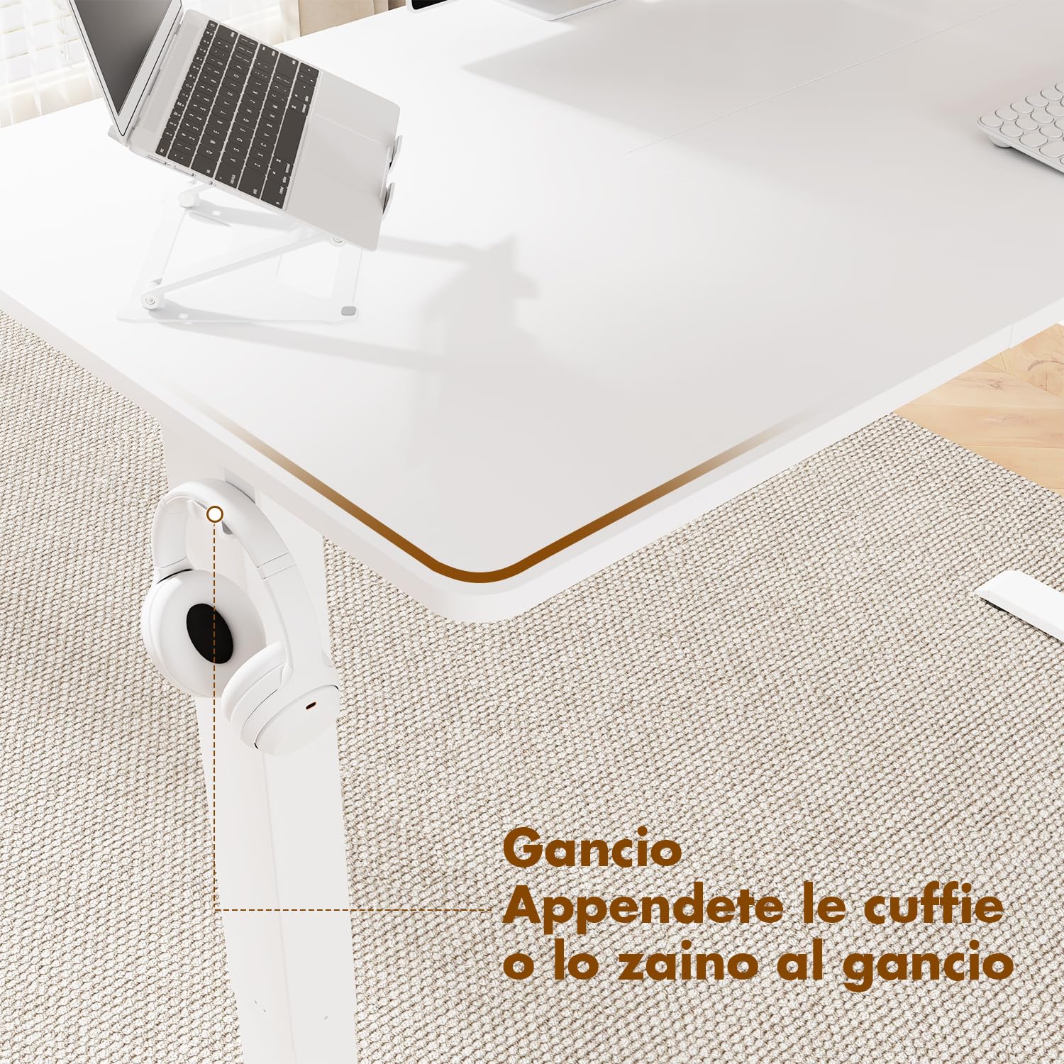 Devoko 140 x 60 cm scrivania elettrica regolabile in altezza con gancio per cuffie, altezza regolabile 71-119 cm, 2 altezze di memoria. scrivania da ufficio, camera da letto, stanza di studio (Bianco)